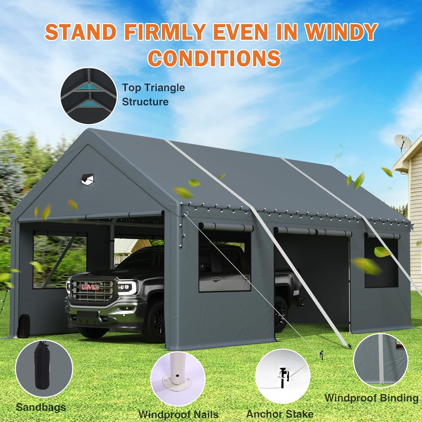 Carports 20X20 Heavy Duty，2 Car Carport with Side Doors，Extra Large Outdoor Carport Canopy，Portable Car Port Garage All Weather，Gray