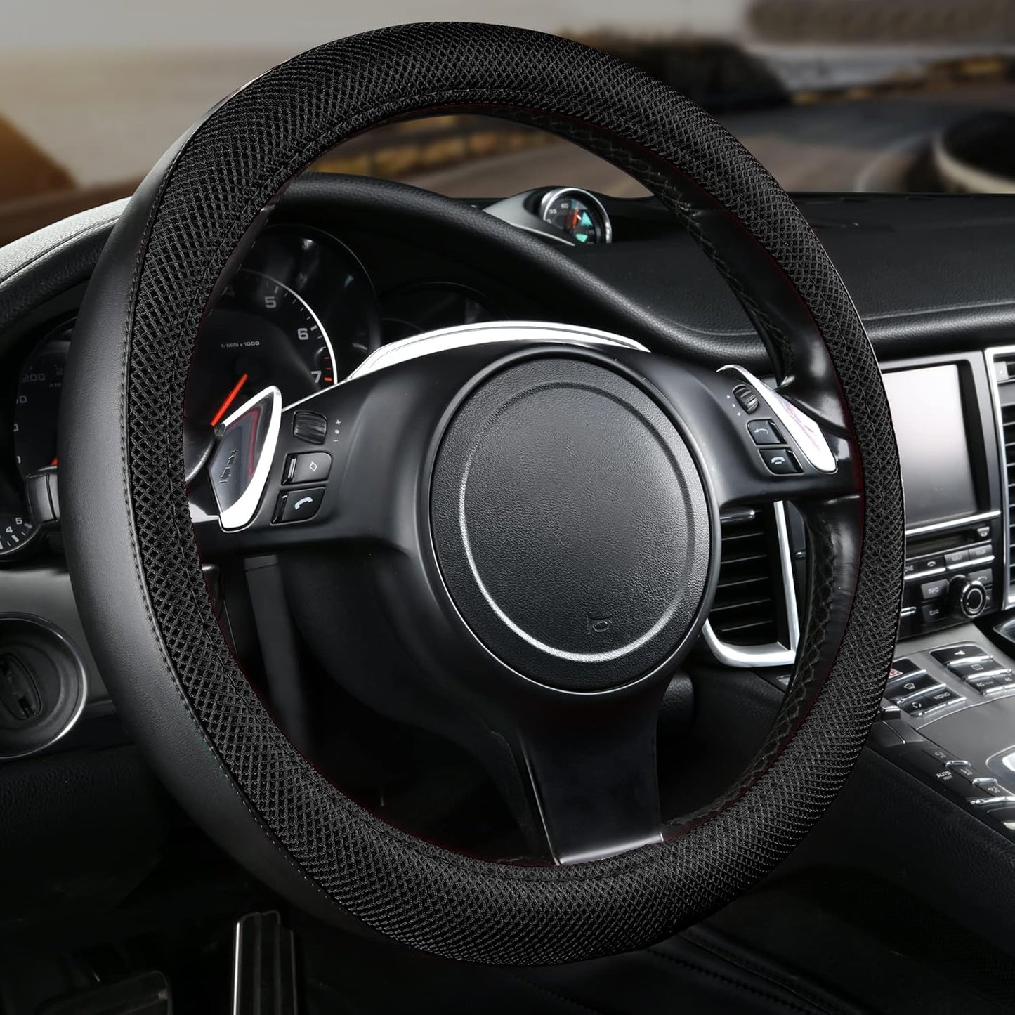 CAR PASS 3D Air Mesh Car Seat Covers Full Sets w/5mm Sponge, 4Pcs Waterproof Car Floor Mats, Steering Wheel Cover Universal Fit for SUV Sedan Truck, Airbag Compatible Automotive Interior(Black)