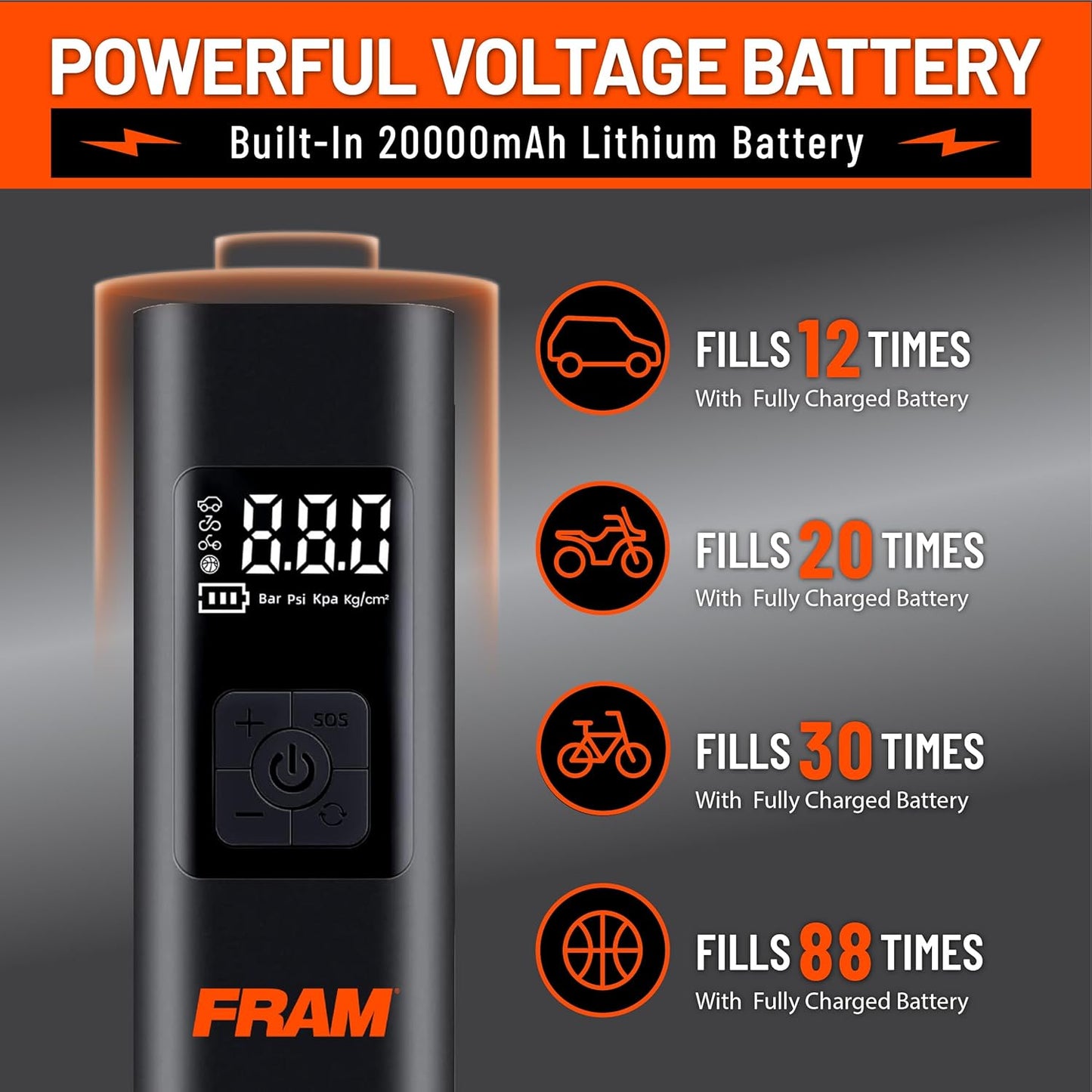 FRAM FEK40002 Portable Emergency Tire Inflator with 6000mAh Battery and 12V, 150PSI Air Pump for Car, Bike, Motor, Ball with Digital Tire Pressure Gauge with LED Light