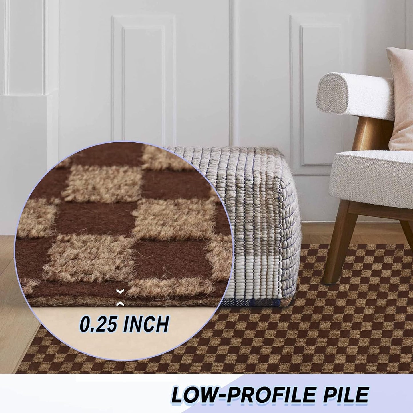 Custom Size Backed Non-Slip Area Rugs Runner, Easy Clean, Waterproof Runner Rugs for Hallway Entryway, Kitchen, Laundry, 3FT x 55FT, Brown Checkered