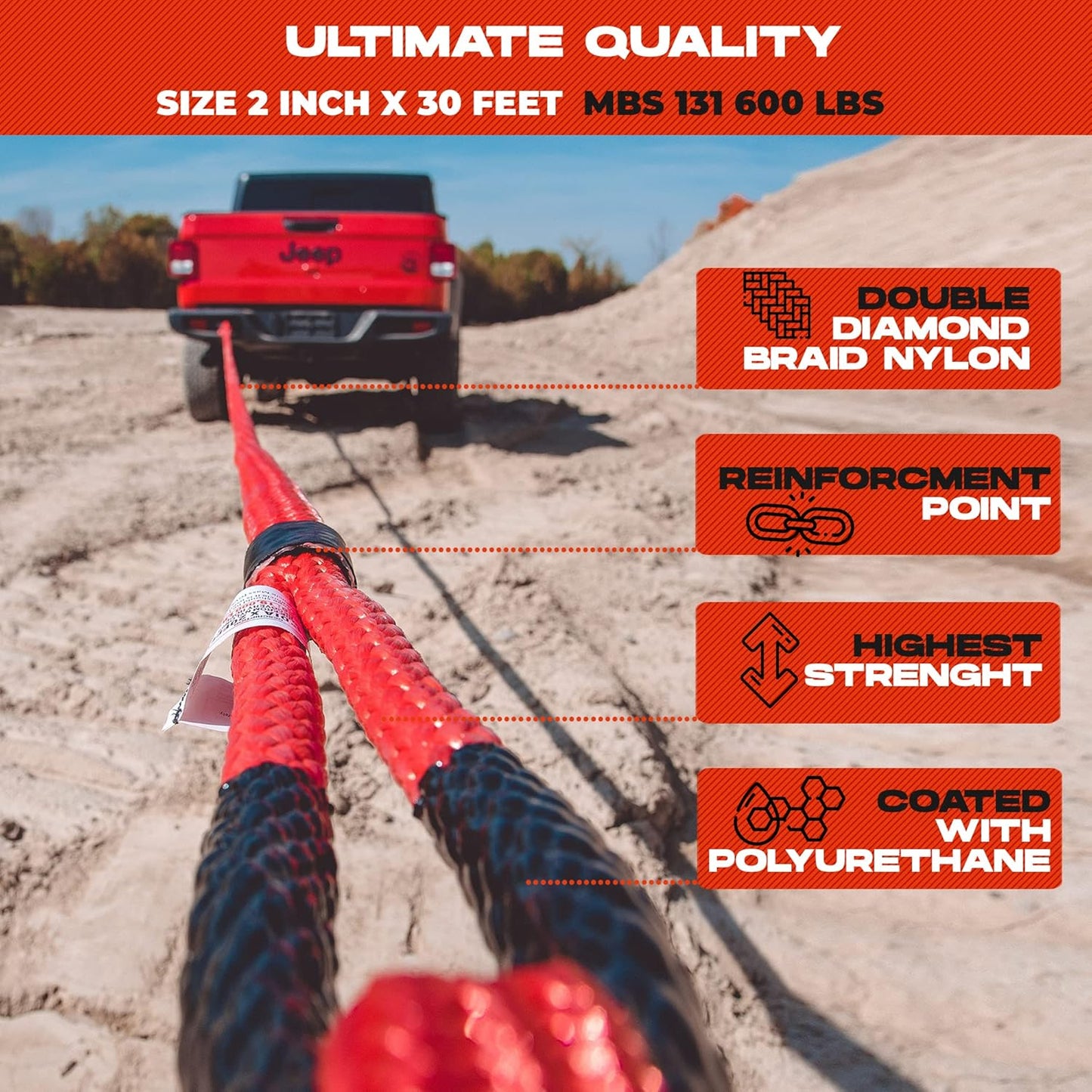 MiolleGear Kinetic Recovery Ropes (Firecracker RED, 2" x30') Super Heavy Duty for Tractor and Semi Truck