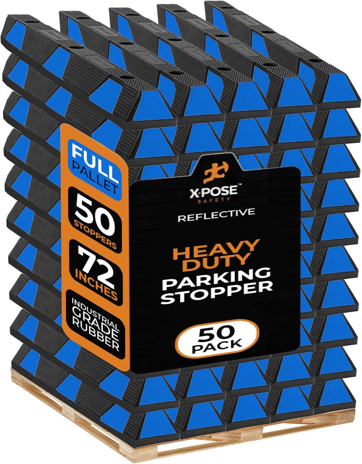 Xpose Safety 72" Heavy Duty Rubber Parking Stopper – Bulk Full Pallet 50 Pack Wheel Blocks for Garage, Driveway, or Ramp – Car Bumper Stop with Blue Reflective Strips – Removable Floor Mount