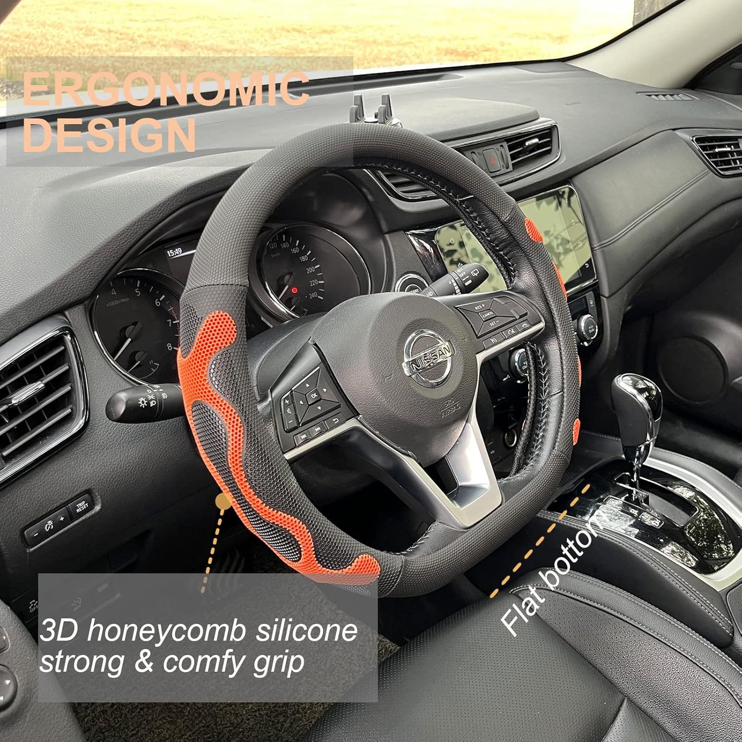 PINCTROT D Shaped Comfy Grip Steering Wheel Cover, Anti-Slip Design, Flat Bottom 14.5-15 Inch(Silicone Orange)