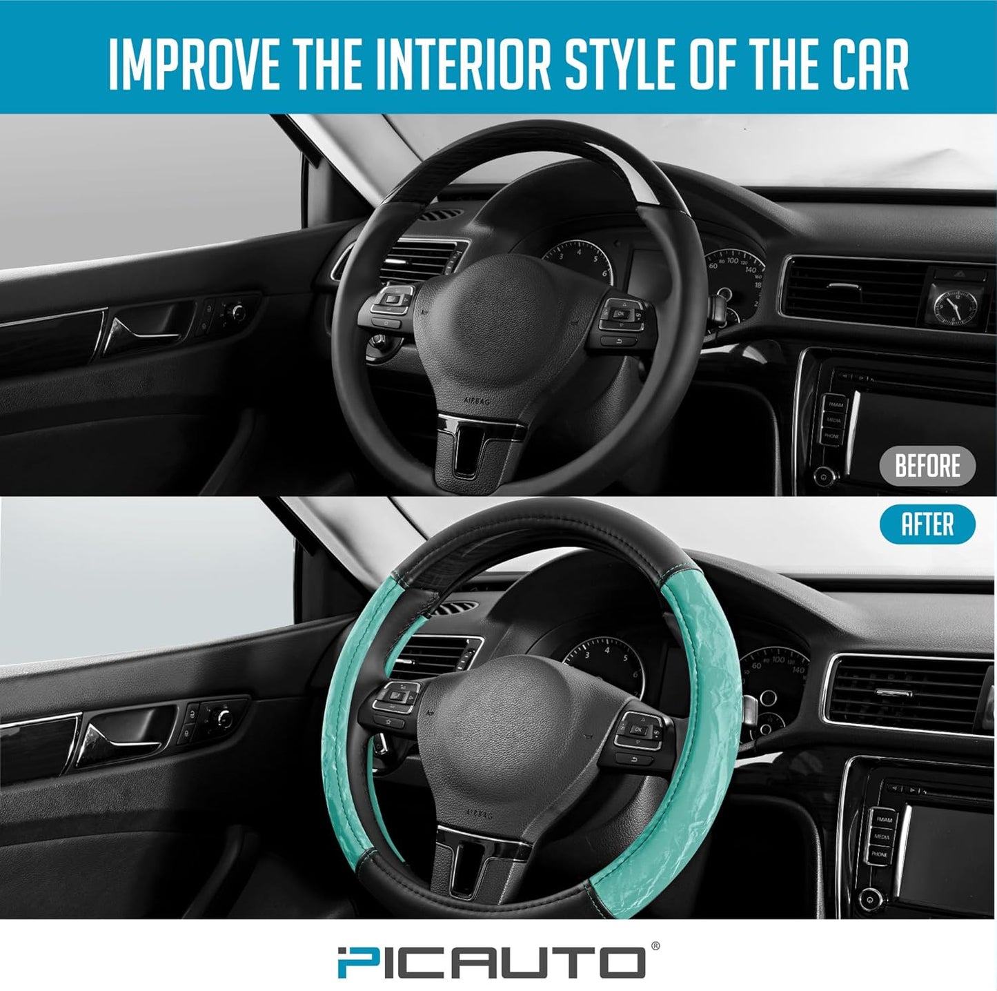 PIC AUTO Steering Wheel Cover, Silk Grain Leather Car Steering Wheel Protector, Comfortable Grip, Universal 14.5-15.5 Inch Anti-Slip Steering Wheels Accessories for Men & Women (Mint)