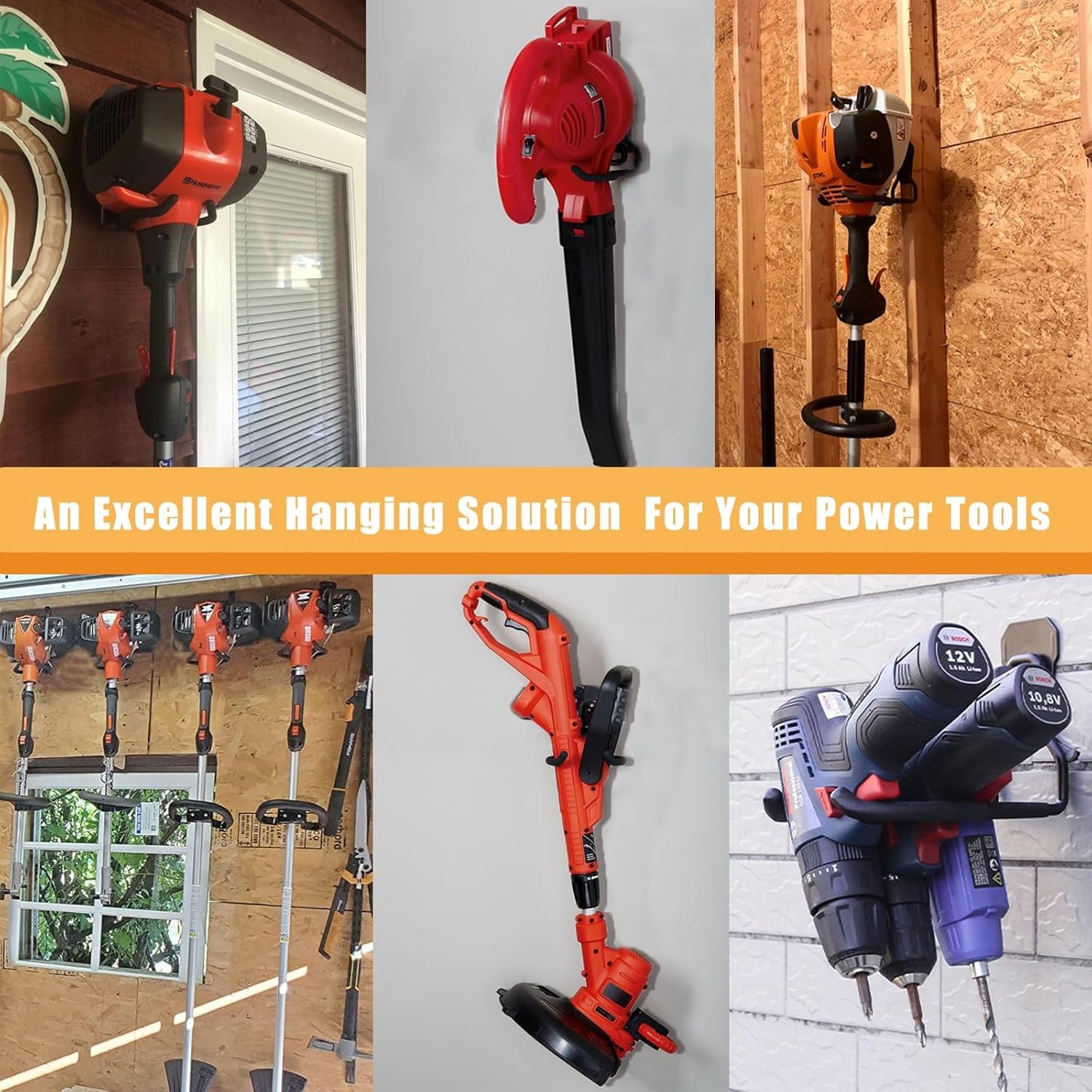 Garden Power Tool Hanger - Garage Wall Hooks, Weedeater & String Trimmer Hanger - Utility Hooks for Garage Tool Organizers and Storage - Black, 3 Pcs