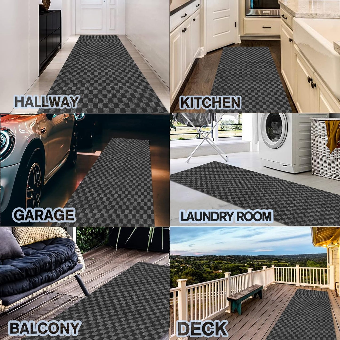 Custom Size Backed Non-Slip Area Rugs Runner, Easy Clean, Waterproof Runner Rugs for Hallway Entryway, Kitchen, Laundry, 2FT x 82FT, Gray Checkered