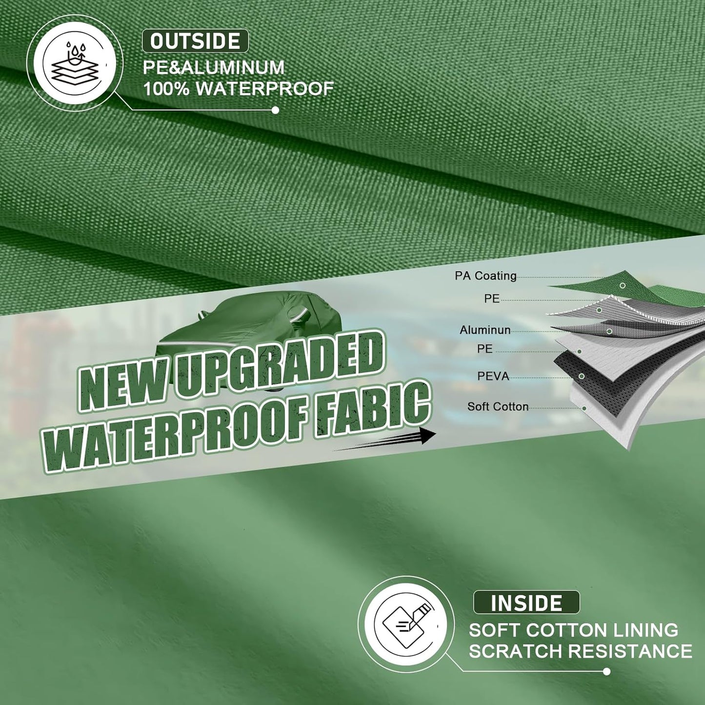 BOSSTONE Car Cover Custom Fit for Ford Mustang 1994-2025, Waterproof All Weather for Automobiles Full Exterior Cover Rain Sun Snow Protector with Door Zipper (Green)