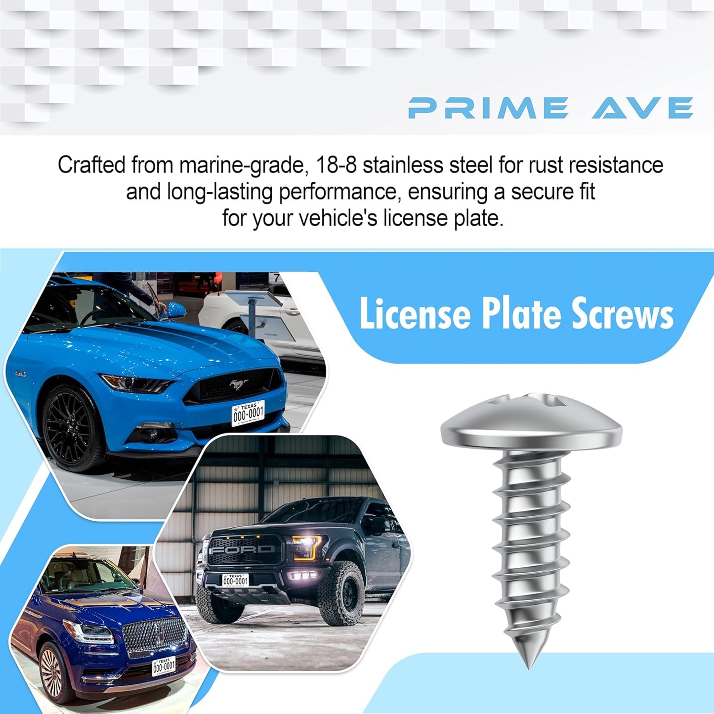 Stainless Steel License Plate Screws for License Plates, Frames, Covers - Durable & Rust Proof Licence Plate Screw Set for Front/Rear - Compatible with Ford Lincoln (Pack of 8)