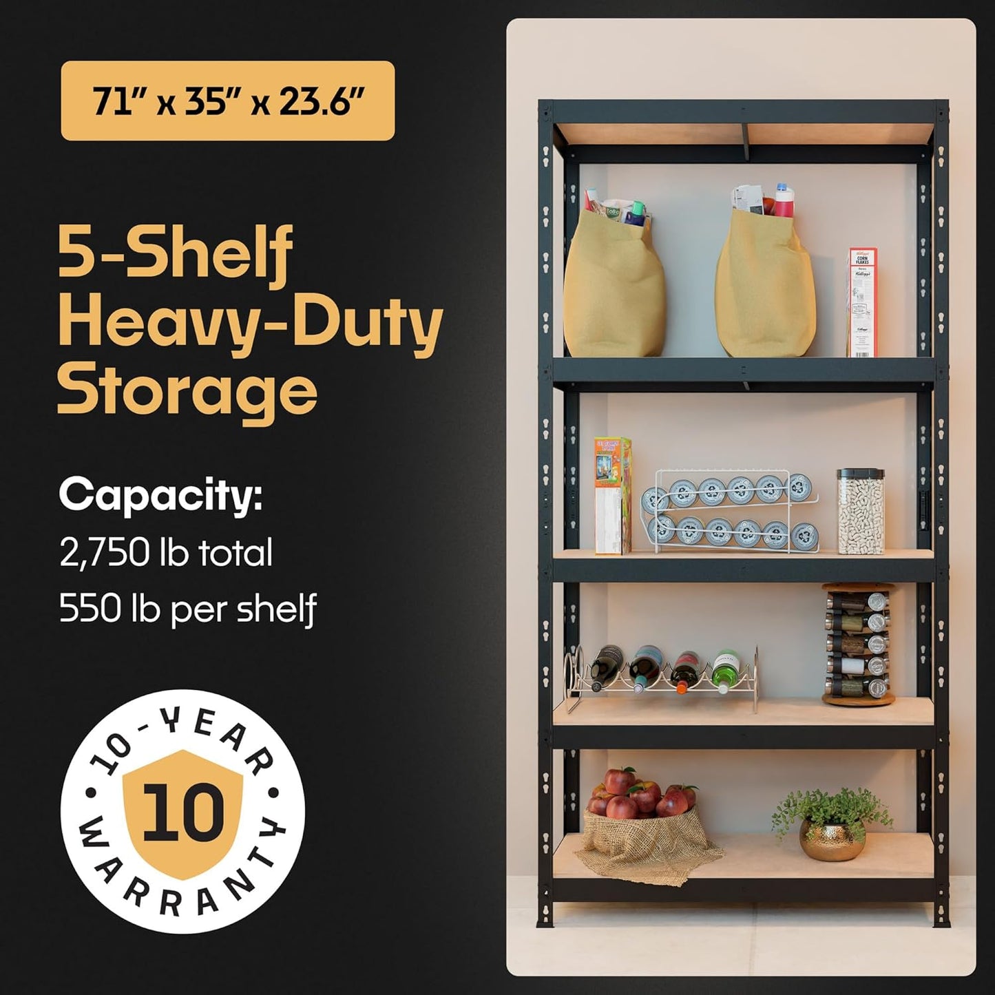 Storage Shelves: 5 Storage Shelves Heavy Duty w/ 2,750 lb Total Load Capacity, 550 per Storage Shelf, 71x35x24 | Perfect Solution for Your Storage Needs | Adjustable Shelving Unit