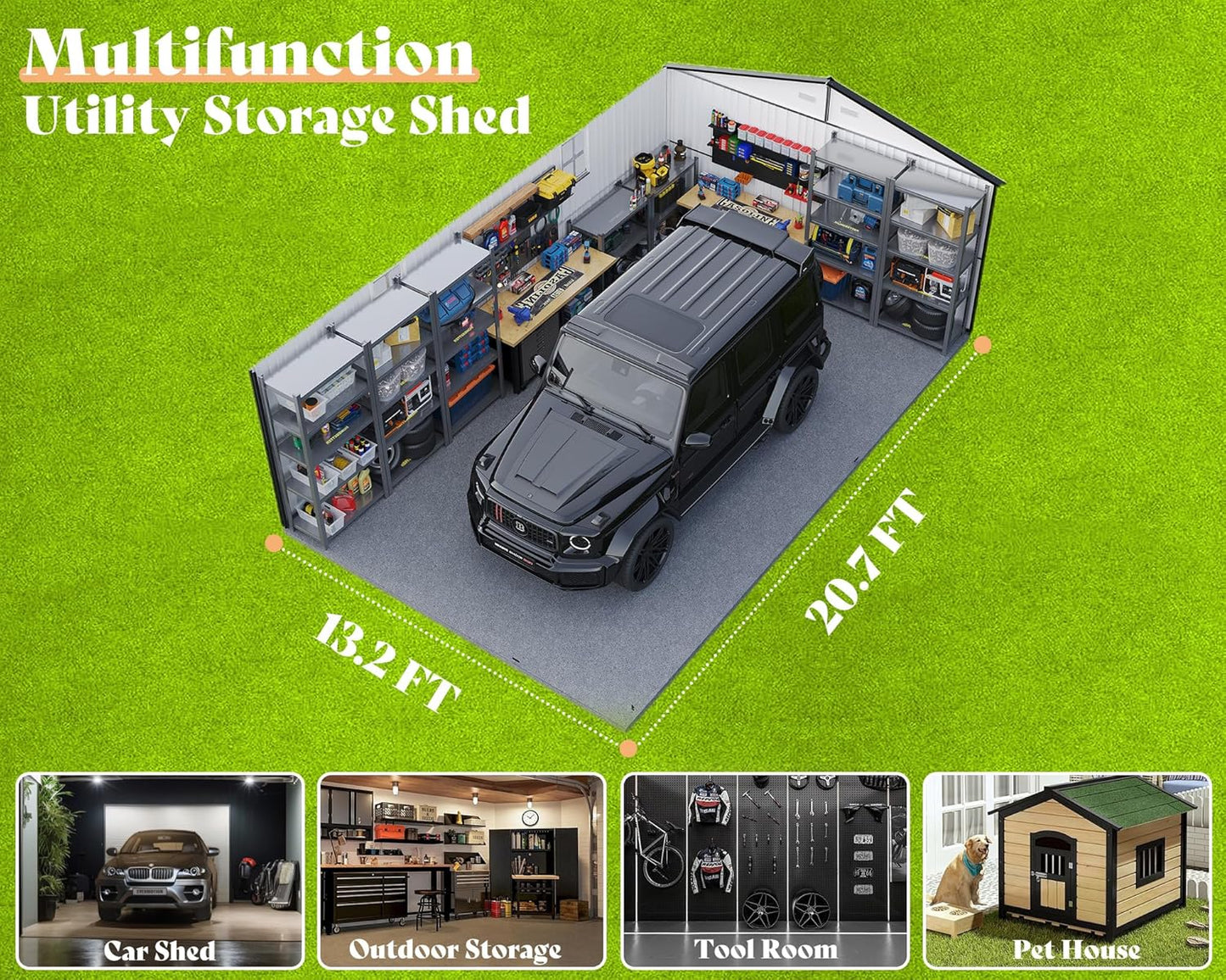 AMERLIFE 13.2x21x8 FT Outdoor Metal Garage Shed, Extra Large Storage Shed with Double Hinged Doors, 4 Windows, Carport for Car, Truck, Bike and Lawn Equipment, Dark Grey