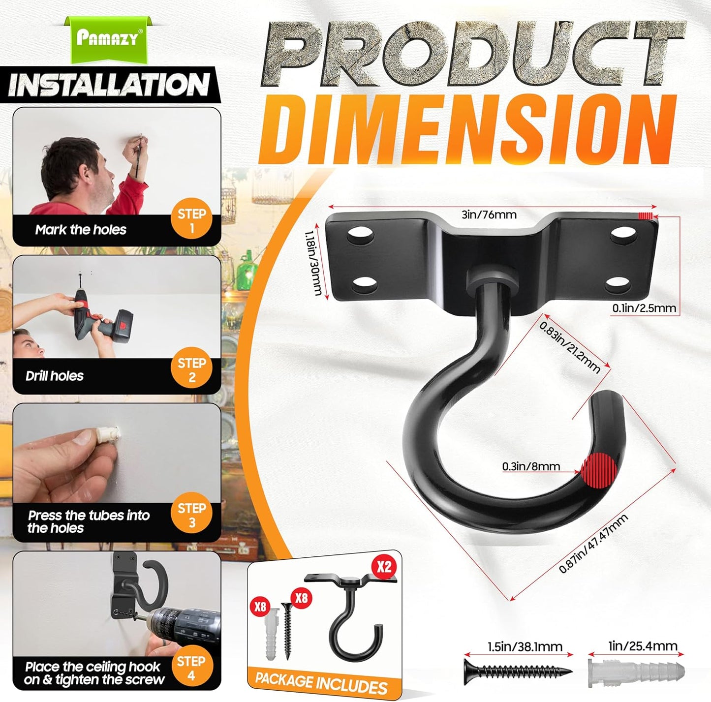 [UPGRADED] 2Pcs 200LBS Rotatable Ceiling Hooks with 4 Screw Points Base, Wall Mount Metal Hanger Black Ceiling Hook for Hanging Plant, Bird Feeder, Lights, Bed Canopy, Wind Chime, Indoor Outdoor Decor