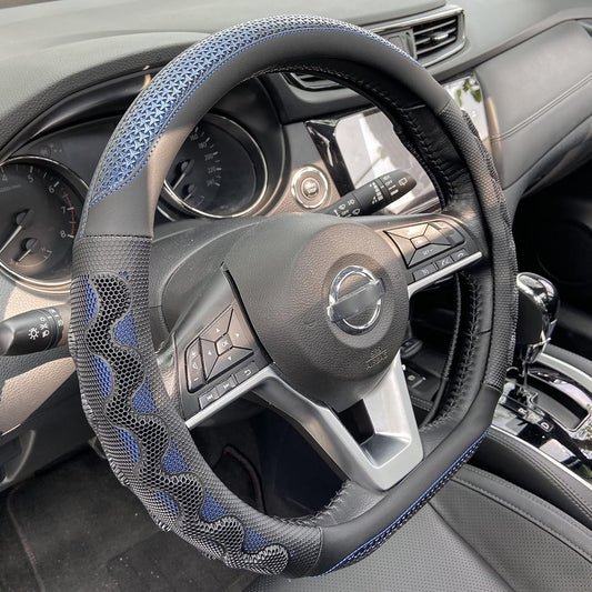 PINCTROT D Shaped 14.5-15 Inch Steering Wheel Cover Great Grip with 3D Honeycomb Anti-Slip Design, Flat Bottom 14.5-15 Inch (Blue)