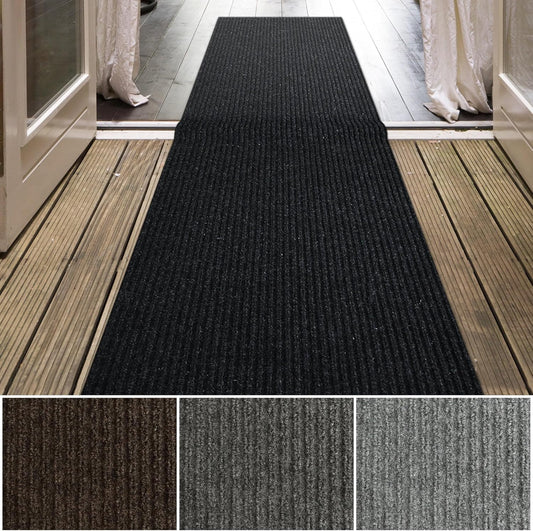 iCustomRug Spartan Weather Warrior Indoor/Outdoor Utility Ribbed Carpet Runner with Non-Slip Thermoplastic Rubber Backing, 28in X 64ft in Black