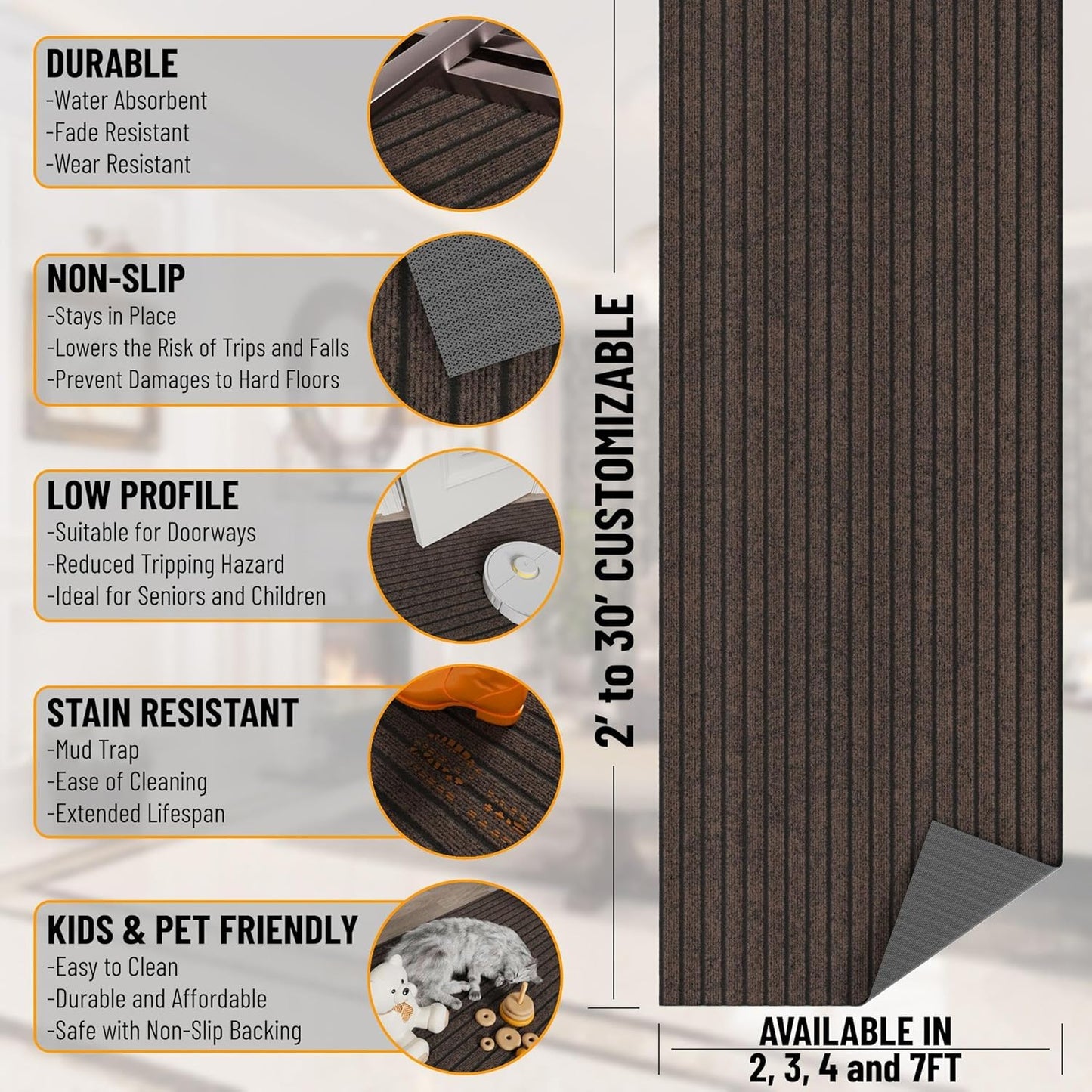 Ottomanson 2'7" x 8' Hallway Runner with Scraper Pile - Extra Durable Non-Slip Rug Mat for Indoor & Outdoor Use - Ideal for Kitchen, Entryway & Garage - High-Traffic Carpet, Brown