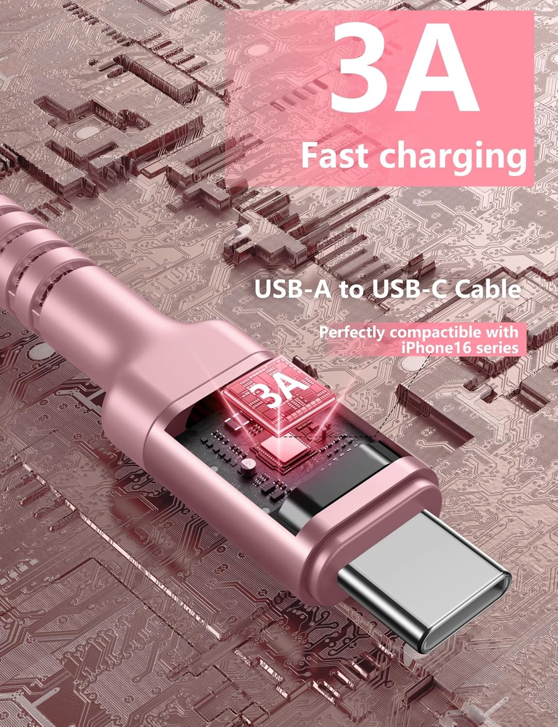 USB C Cable 10FT, 2Pack Long USB A to USB C Charger Cable, Type C Cable Fast Charging Upgraded Extra Durable Braided USBC Cord Compatible with iPhone 16 15 Pro Max/LG and More USB C Devices-Pink