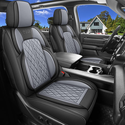 Car Seat Cover Custom Fit for Dodge Ram 1500 2500 3500 2002-2024 Faux Leather Seat Cover Set Compatible with Crew Quad Regular Cab Pickup Truck Cushions (Black & Grey, Full Set, Flat Rear)