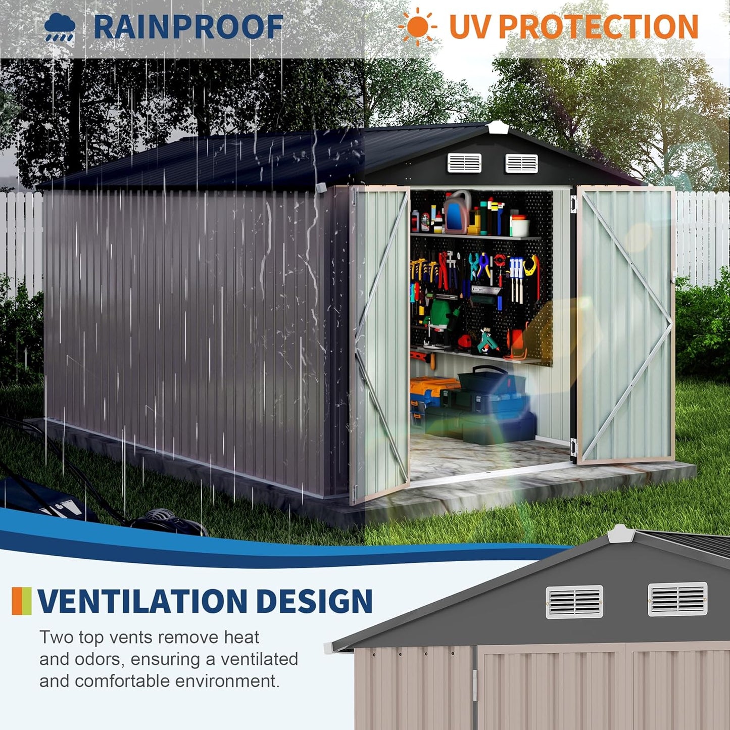 8x12x6.4 FT Outdoor Storage Sheds, Metal Garden Tool Shed for Backyard, Large Metal Sheds Outdoor Storage With Lockable Doors & Air Vents for Backyard Garden Patio Lawn