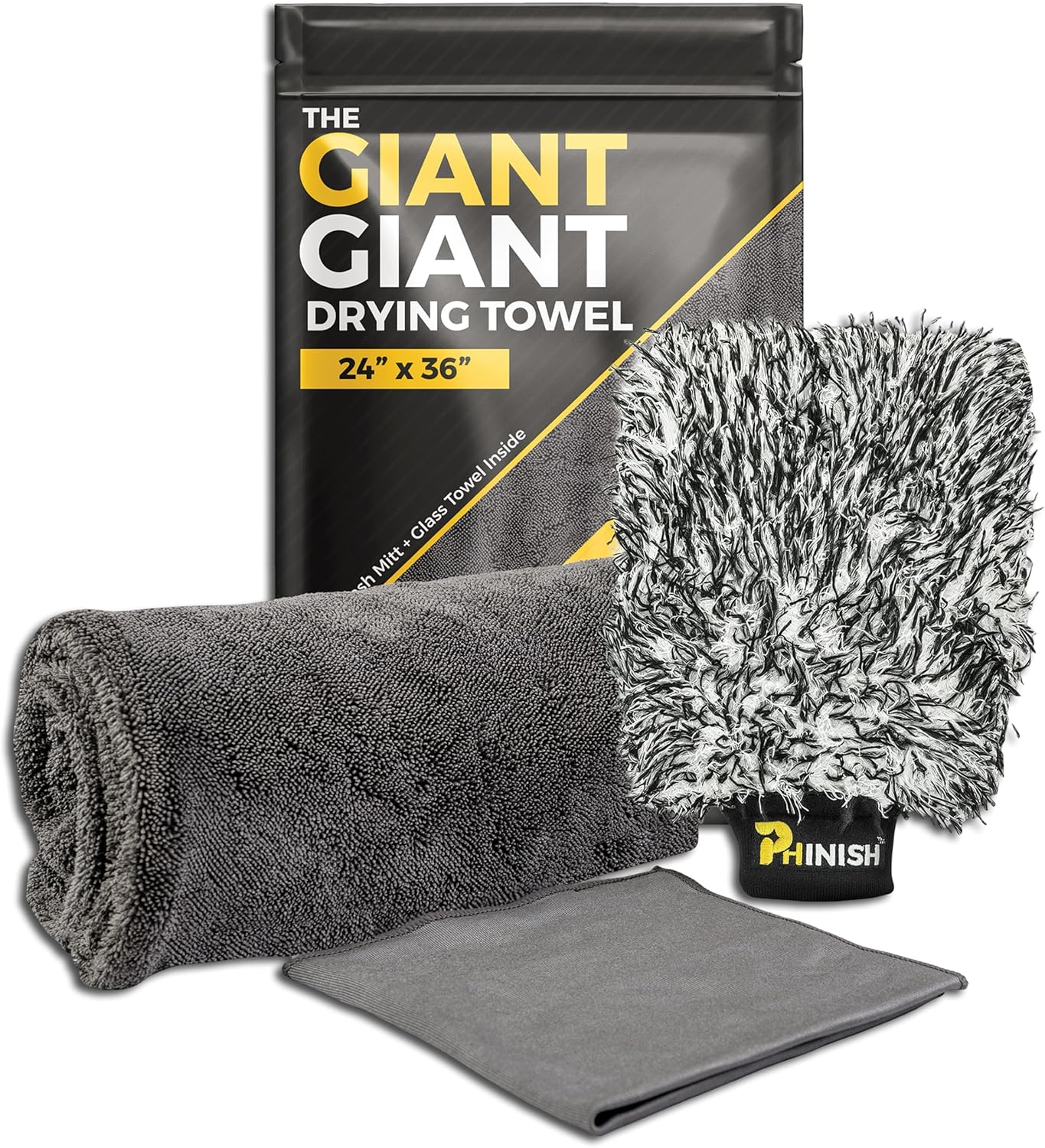 The Giant Giant 24"x36" Car Drying Towel – Ultra Absorbent 1200 GSM Twisted Loop Microfiber, Scratch-Free, Streak-Free, 70/30 Korean Blend – Includes Wash Mitt & Glass Towel for Auto Detailing