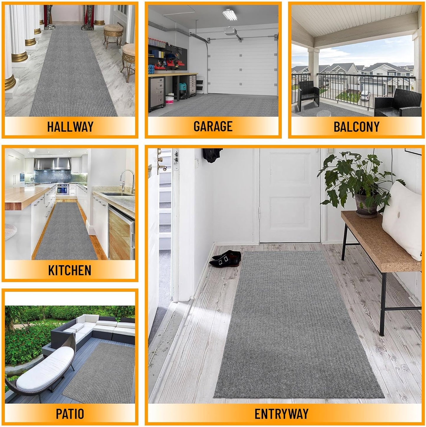 Ottomanson 2' x 20' Hallway Runner with Scraper Pile Extra Durable Non-Slip Rug Mat for Indoor & Outdoor Use - Ideal for Kitchen, Entryway, Patio & Garage - High-Traffic Carpet, Gray