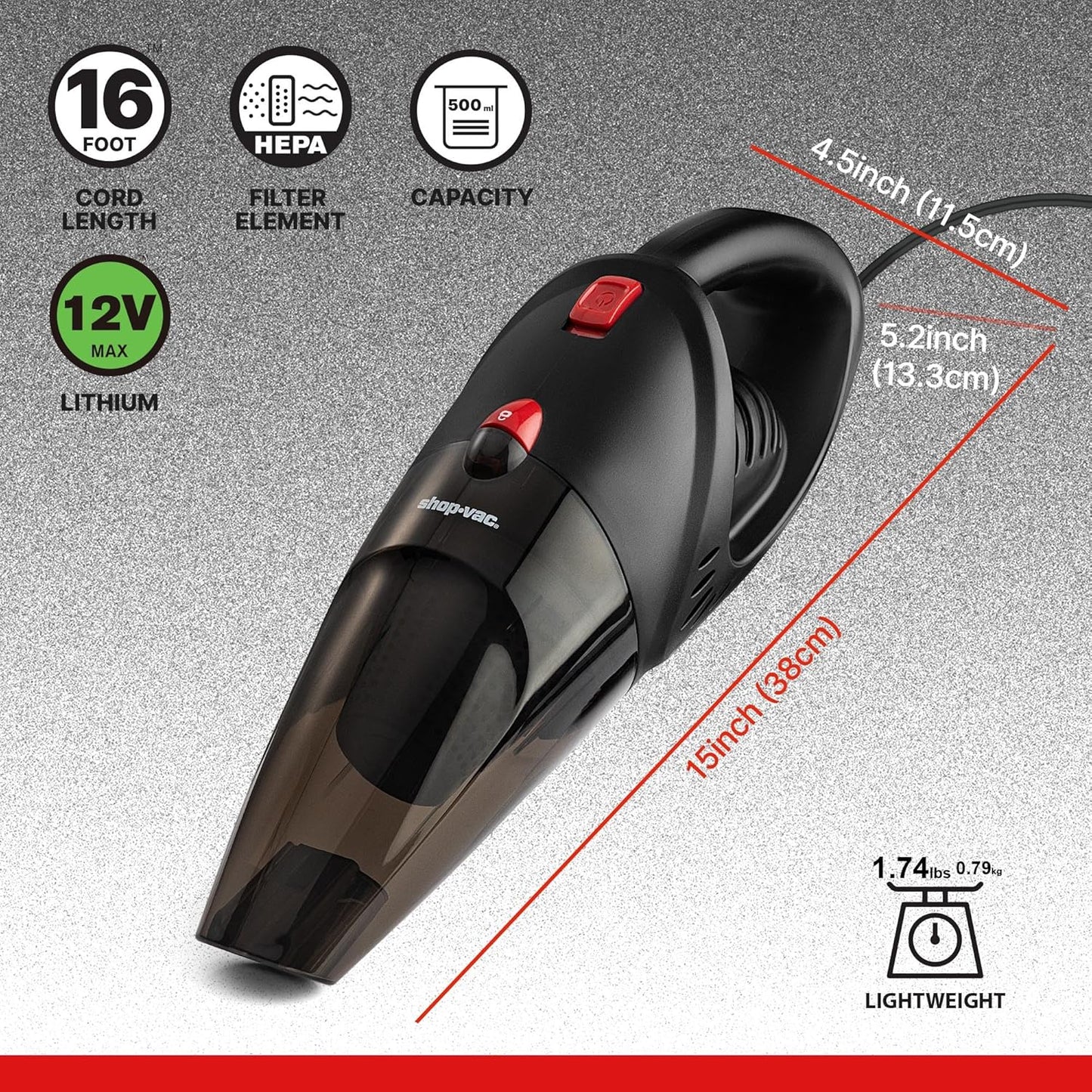 Shop-Vac 12V Car Vacuum - Portable Vacuum Cleaner with 7000Pa Powerful Suction, 16Ft Corded Handheld Car Vac & Storage Bag, Cigarette Lighter Plug, for Deep Interior Detail Cleaning