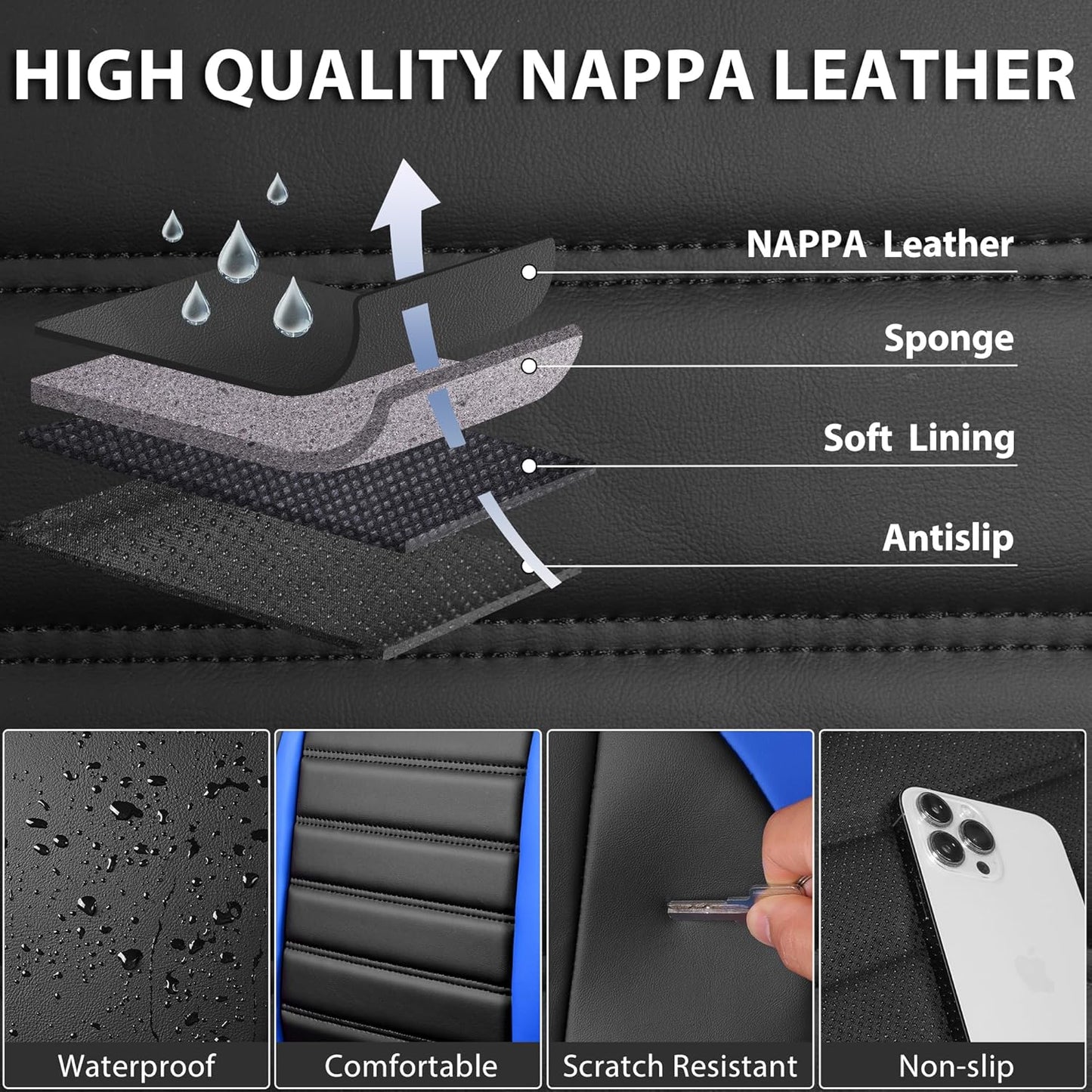 CAR PASS Nappa Leather Car Seat Covers Front Seats, Luxury Seat Protector for Cars, Waterproof Anti-Slip Seat Cushion Armrest Compatible Airbag Universal for Sedan SUV Pick-up Truck Auto, Black Blue