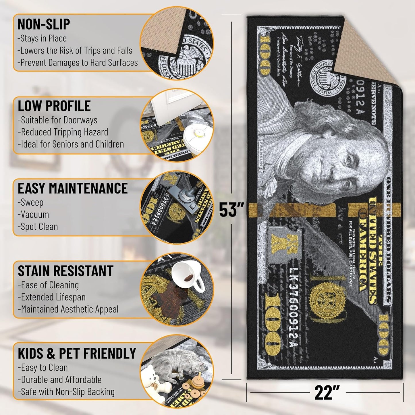 Ottomanson 22" x 53" $100 Bill Money Rug - Durable & Non-Slip Area Rug - Fun & Eye-Catching Decor for Bedroom, Office, Game Room & Man Cave - Unique Gift for & Trendy Home Decor, Black/Gold
