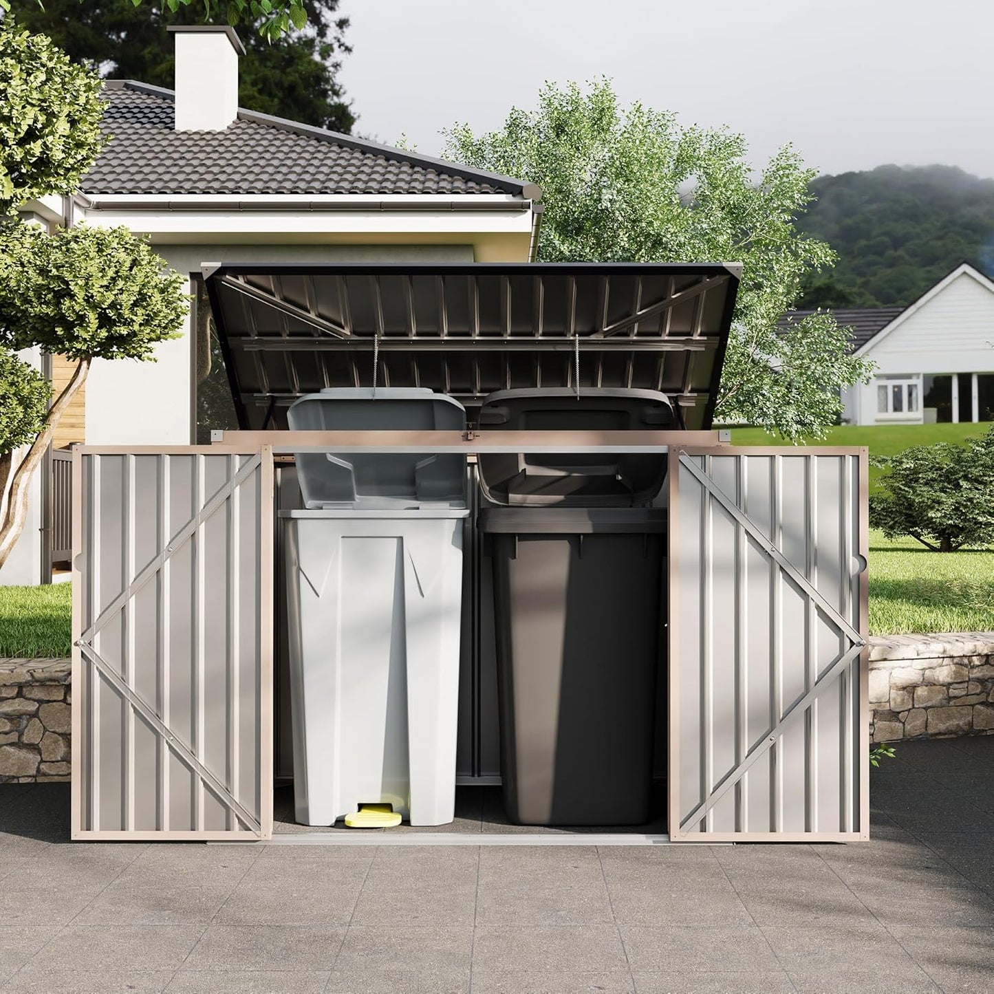 Outdoor Trash Can Storage 2 Binsgarbage Bin Storage Shed, 3x6 FT Garbage Bin Storage Shed with Chain Lid, Metal Outdoor Storage for Garden, Backyard, Lawn and Patio