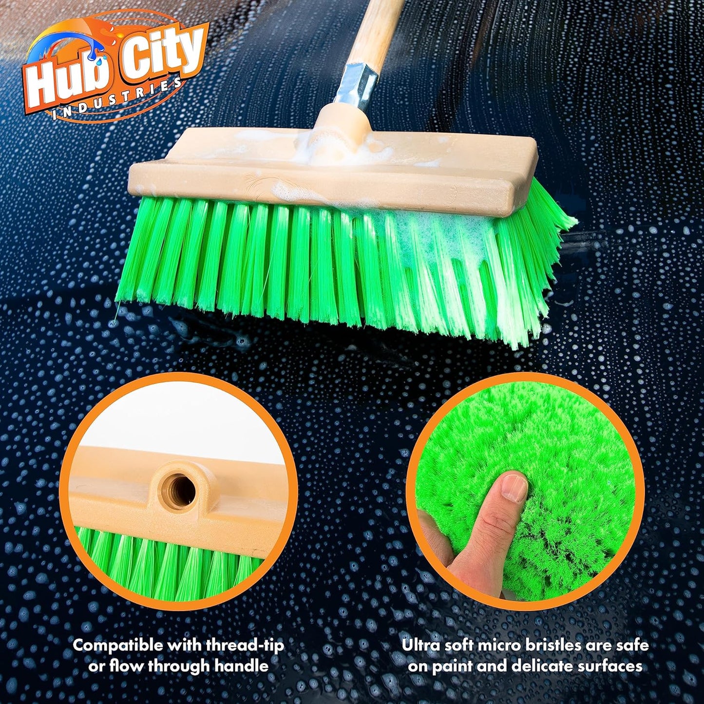 Hub City Industry 10- inch Car Wash Brush, Bi- Level Brush, Soft Nylon Bristle, car Accessories, Cleaning Supplies, Automotive wash Brush,Flagged Green Poly Bristle