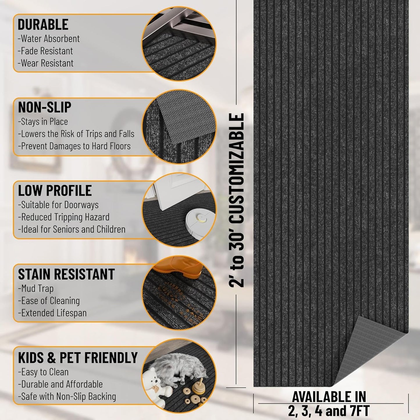 Ottomanson 2' x 27' Hallway Runner with Scraper Pile Extra Durable Non-Slip Rug Mat for Indoor & Outdoor Use - Ideal for Kitchen, Entryway, Patio & Garage - High-Traffic Carpet, Black