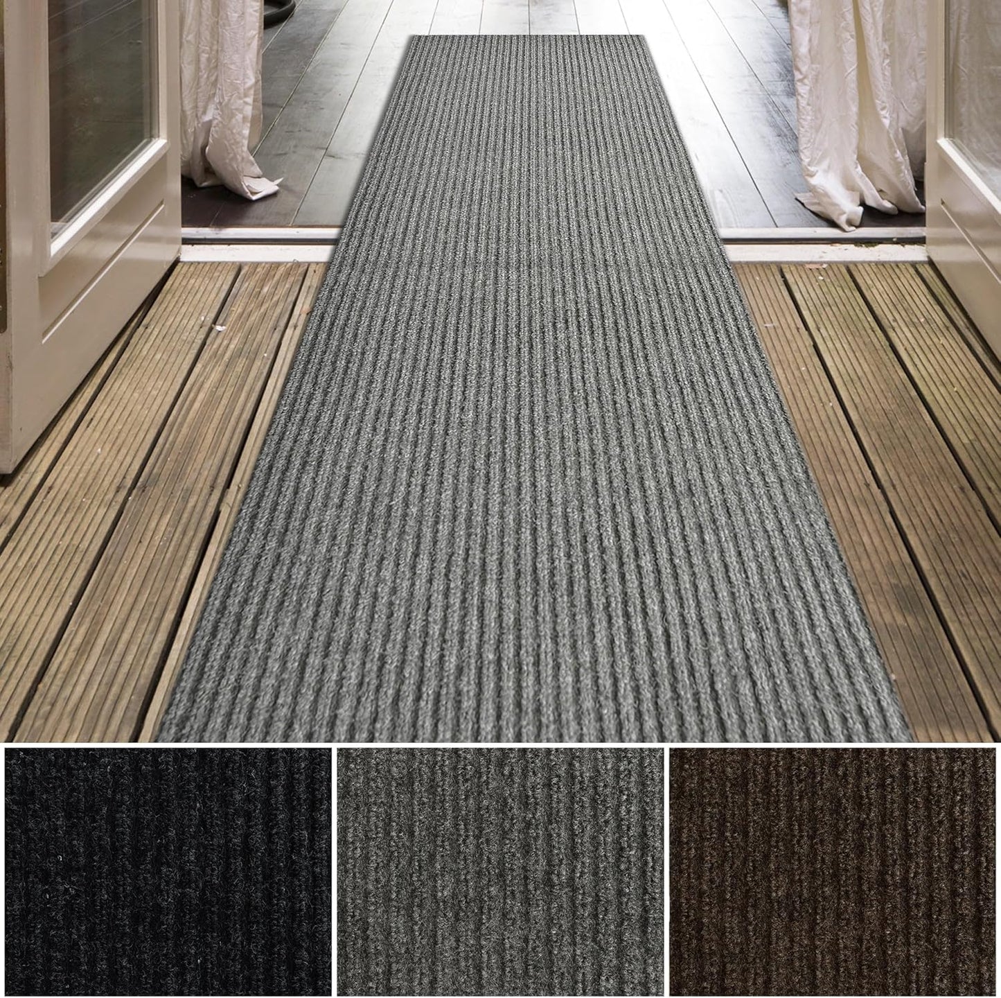iCustomRug Spartan Weather Warrior Indoor/Outdoor Utility Ribbed Carpet Runner with Non-Slip Thermoplastic Rubber Backing, 3ft X 8ft in Grey