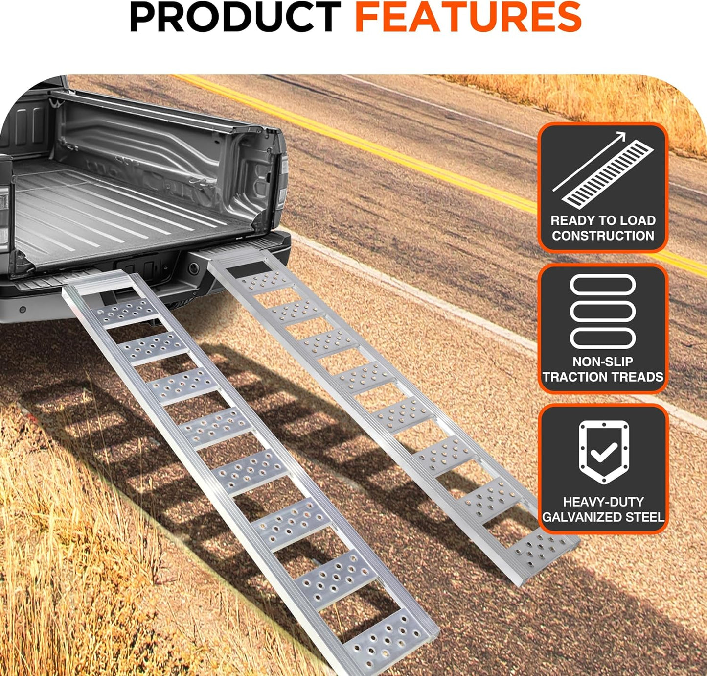 Rockland Straight Aluminum Loading Ramp, 77'' x 13'', 1250 LBS Loading Capacity, Portable Ramp for Motorcycles, Ebikes and ATVs, 2 Pcs