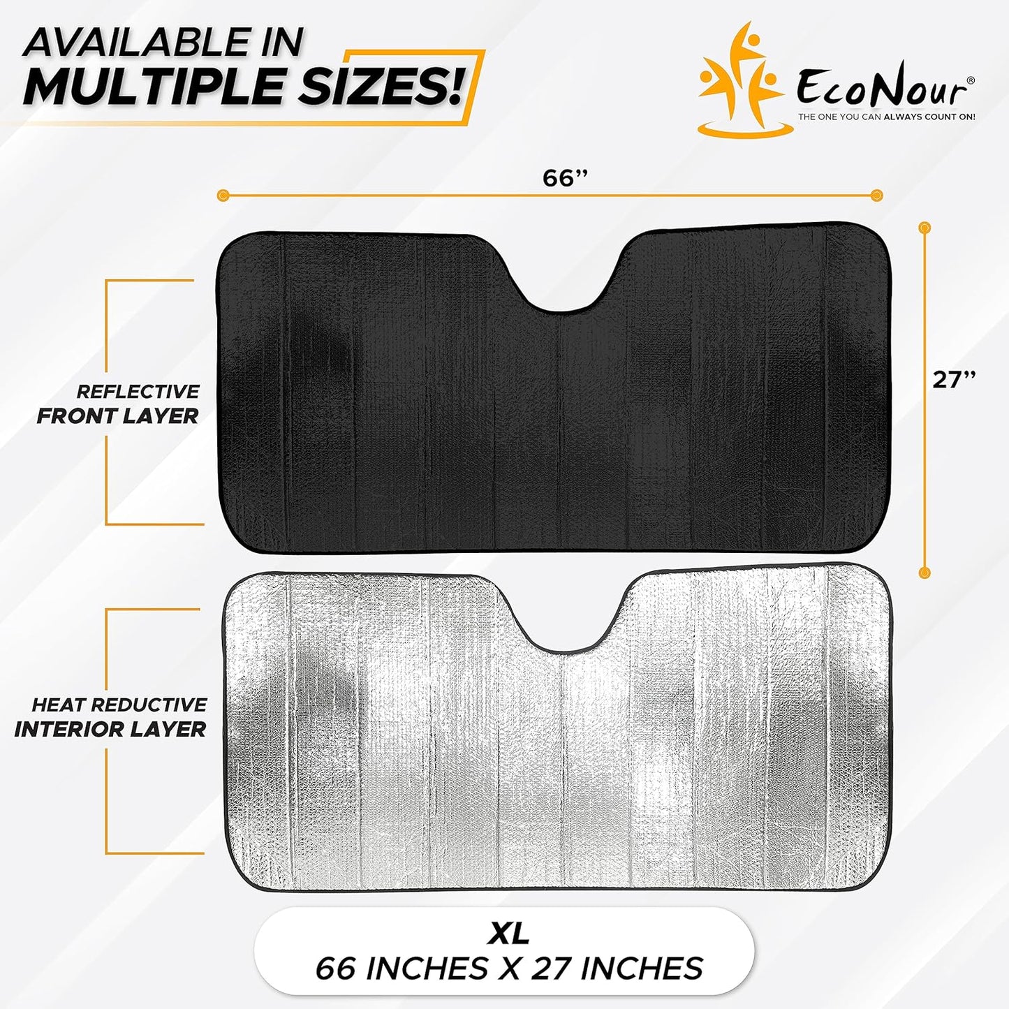 EcoNour Accordion Car Windshield Sun Shade for Trucks | Car Window Shades for Large SUVs & Pickups | UV Blocker Sun Visor for Interior Protection & Heat Control | XL (66 x 27 Inches)