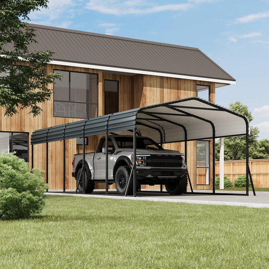 12 x 24 FT Metal Carport with Galvanized Steel Roof, Heavy Duty Metal Roof Carport with Enhanced Base, Tall Kits Garage for Tractors, Trucks, Boats, Cars