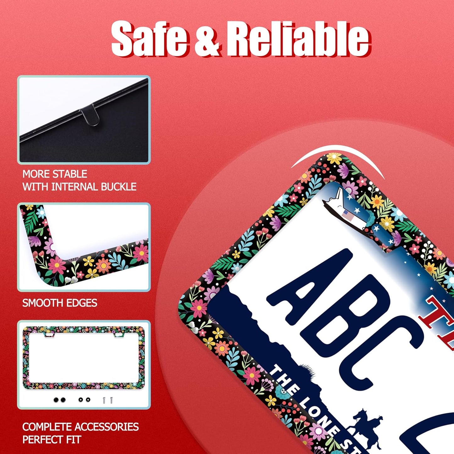 Colorful Flowers License Plate Frame Funny Floral License Plate Frames Stainless Steel Accessories Cars Decor with 2 Holes and Screws Fits Standard Us Ca Vehicles License Plate Holder 12.2 X 6 Inch