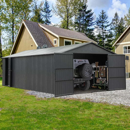 Domi 12x20FT Outdoor Garage Metal Shed, Extra Large Carport with Skylights & Dual-Entry, Backyard Storage Shed for Car, Truck, Lawn Mower and Tool, Dark Grey