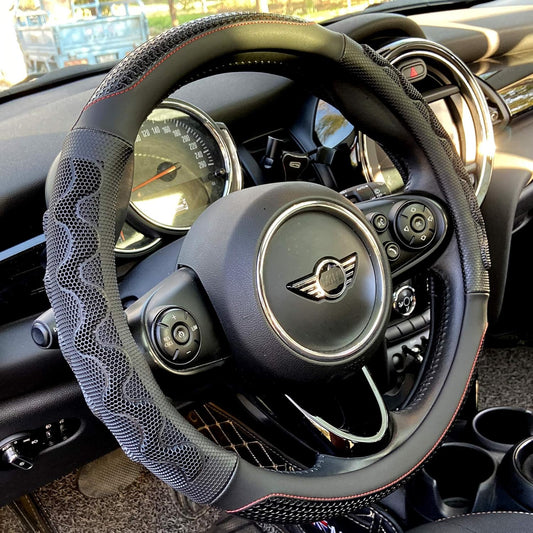 PINCTROT Steering Wheel Cover Great Grip with 3D Honeycomb Anti-Slip Design, Universal 14.5-15 Inch (Black/Red Stitch)
