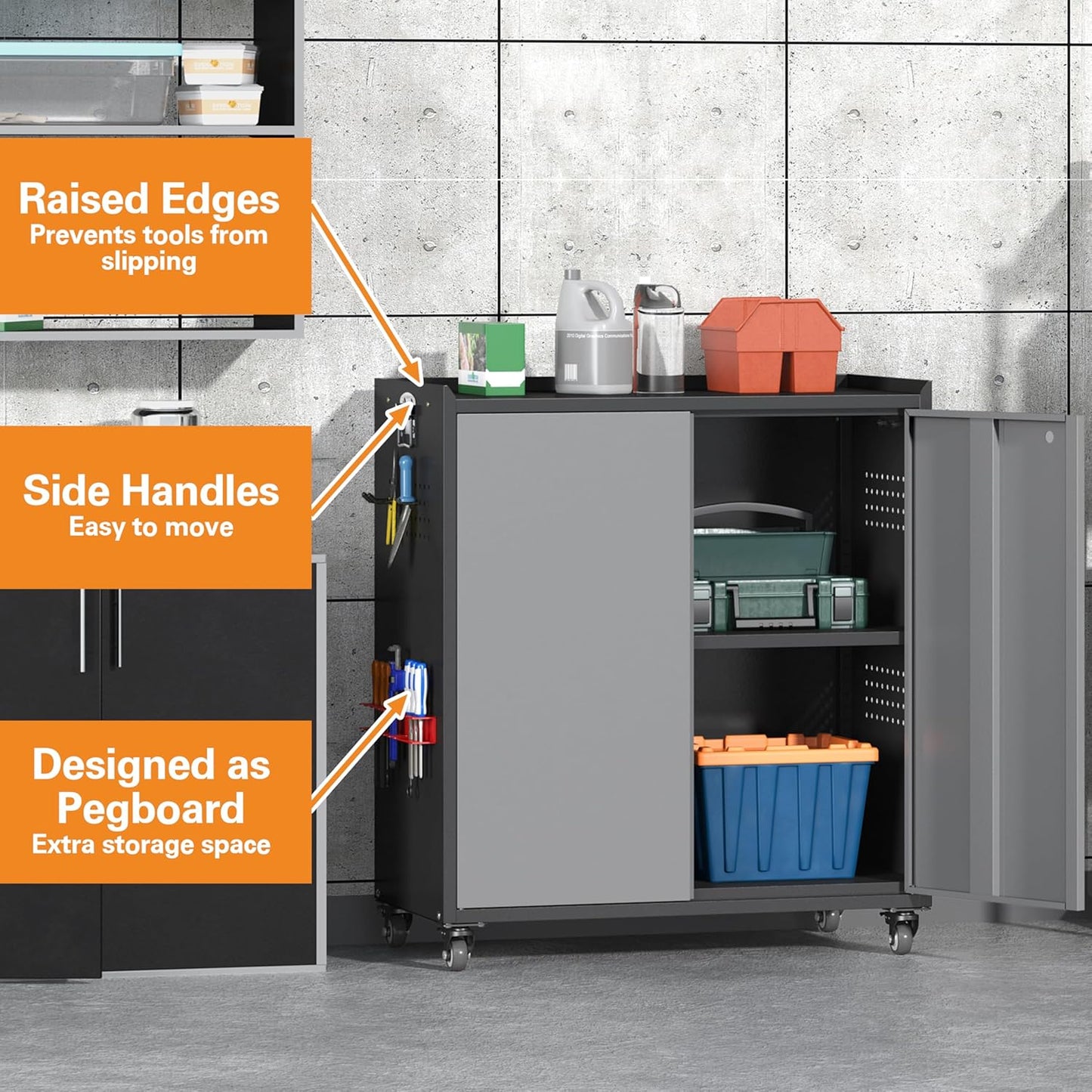 Metal Garage Storage Cabinet with Wheels, Adjustable Rolling Tool Storage Cabinet with Lock, 34" Steel Locking Tool Cabinet with Doors and Shelves for Garage, Warehouse (Black&Gray, 34.3" H)