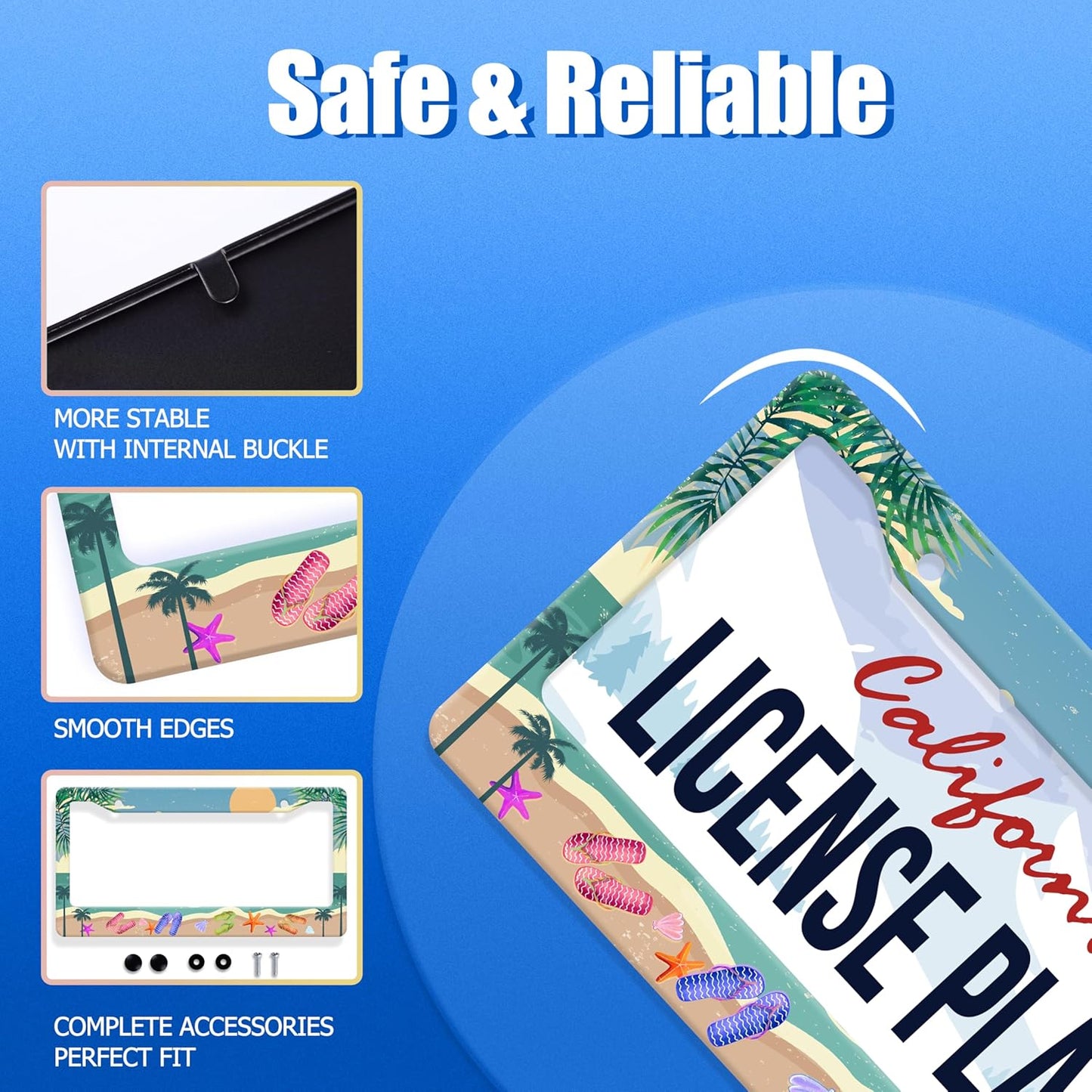 Summer Beach License Plate Frame Flip Flops License Plate Stainless Steel Funny License Plate Holder Personalized Beach Car Accessory Decoration 12.3" x 6.3"for Men Women