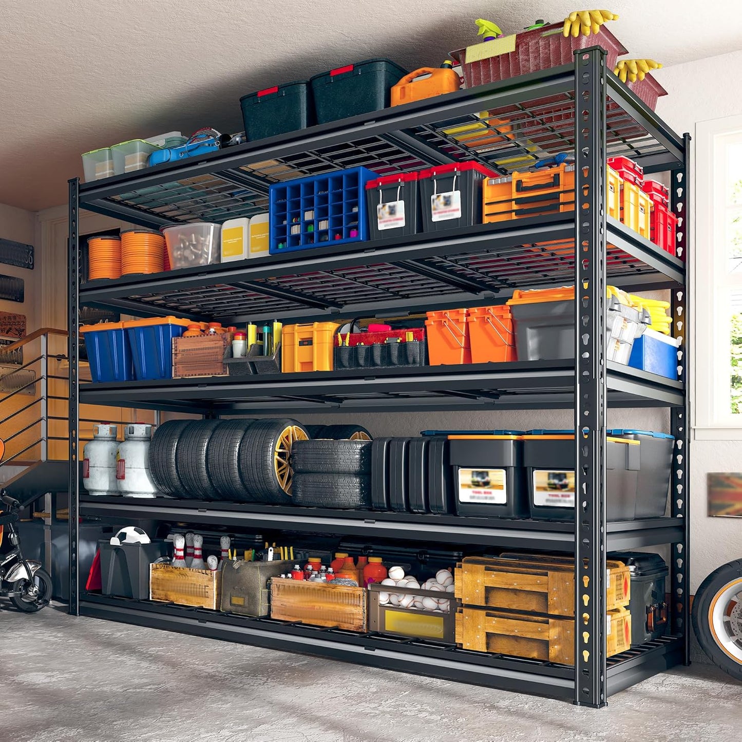 REIBII 55" W Garage Shelving, Heavy Duty Storage Shelves Load 3000LBS, 5 Tier Adjustable Metal Shelving Unit for Basement, Warehouse, Workshop, 55" W x 24" D x 72" H