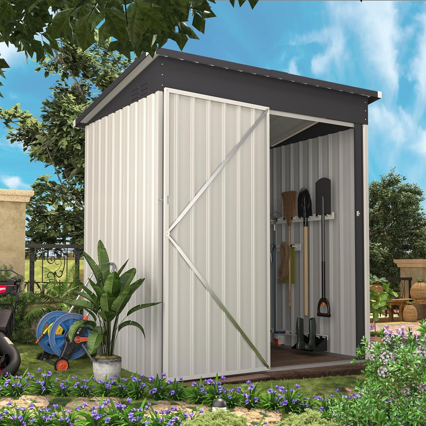 U-MAX 5' x 3' Outdoor Metal Storage Shed, Steel Garden Shed with Single Lockable Door, Tool Storage Shed for Backyard, Patio, Lawn in White