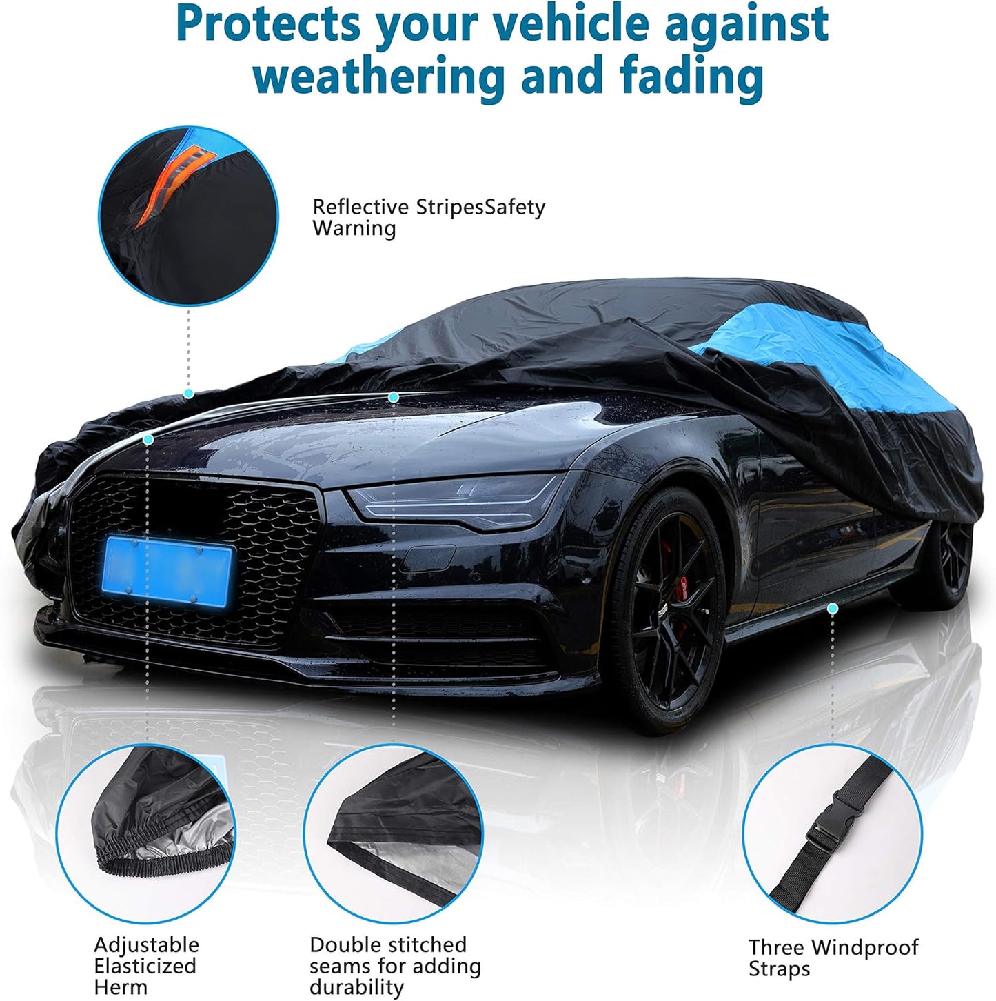 MORNYRAY Waterproof Car Cover All Weather Snowproof UV Protection Windproof Outdoor Full car Cover, Universal Fit for Sedan (Blue, A1-Fit Sedan Length(154-163 inch)