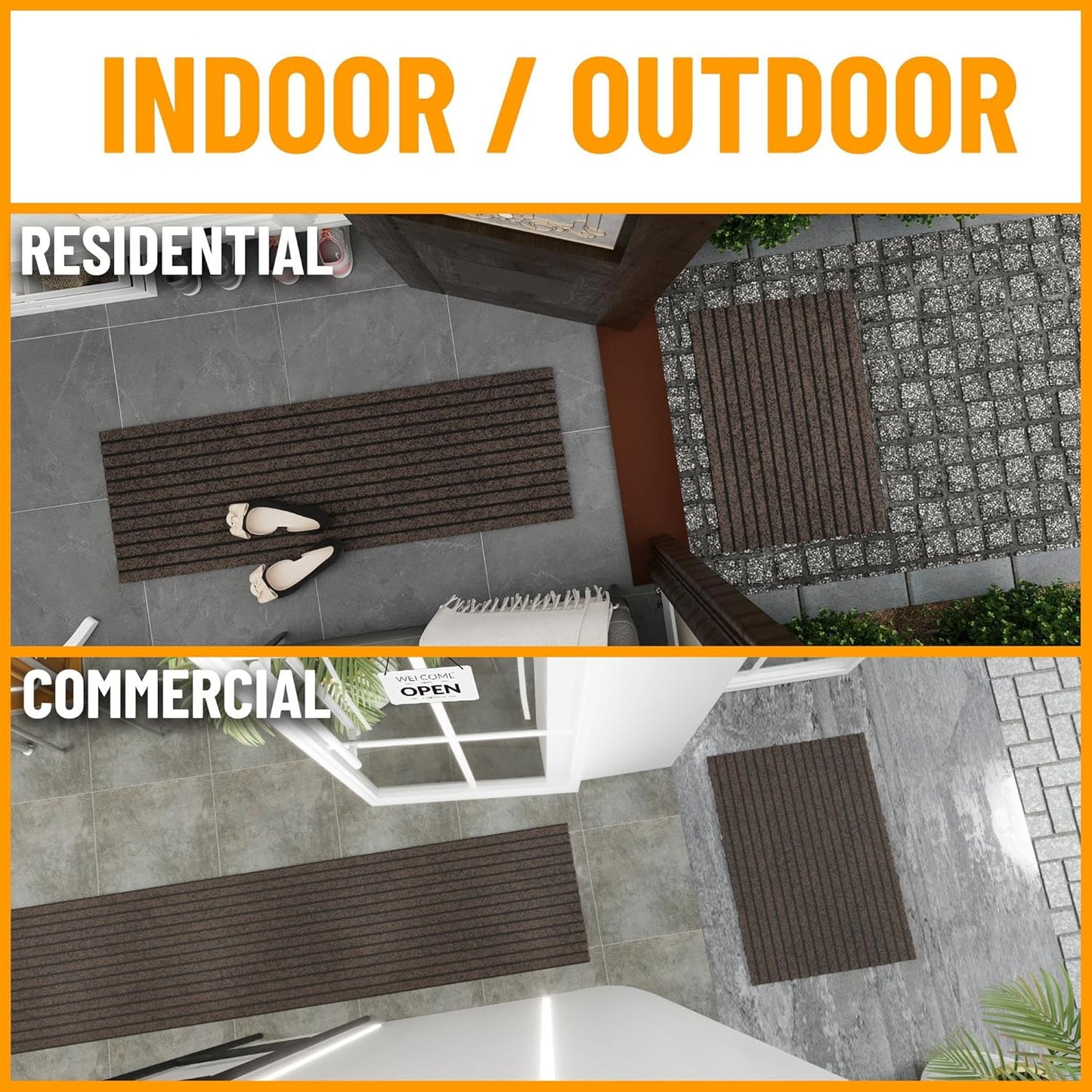 Ottomanson 2'7" x 43' Hallway Runner with Scraper Pile - Extra Durable Non-Slip Rug Mat for Indoor & Outdoor Use - Ideal for Kitchen, Entryway & Garage - High-Traffic Carpet, Brown