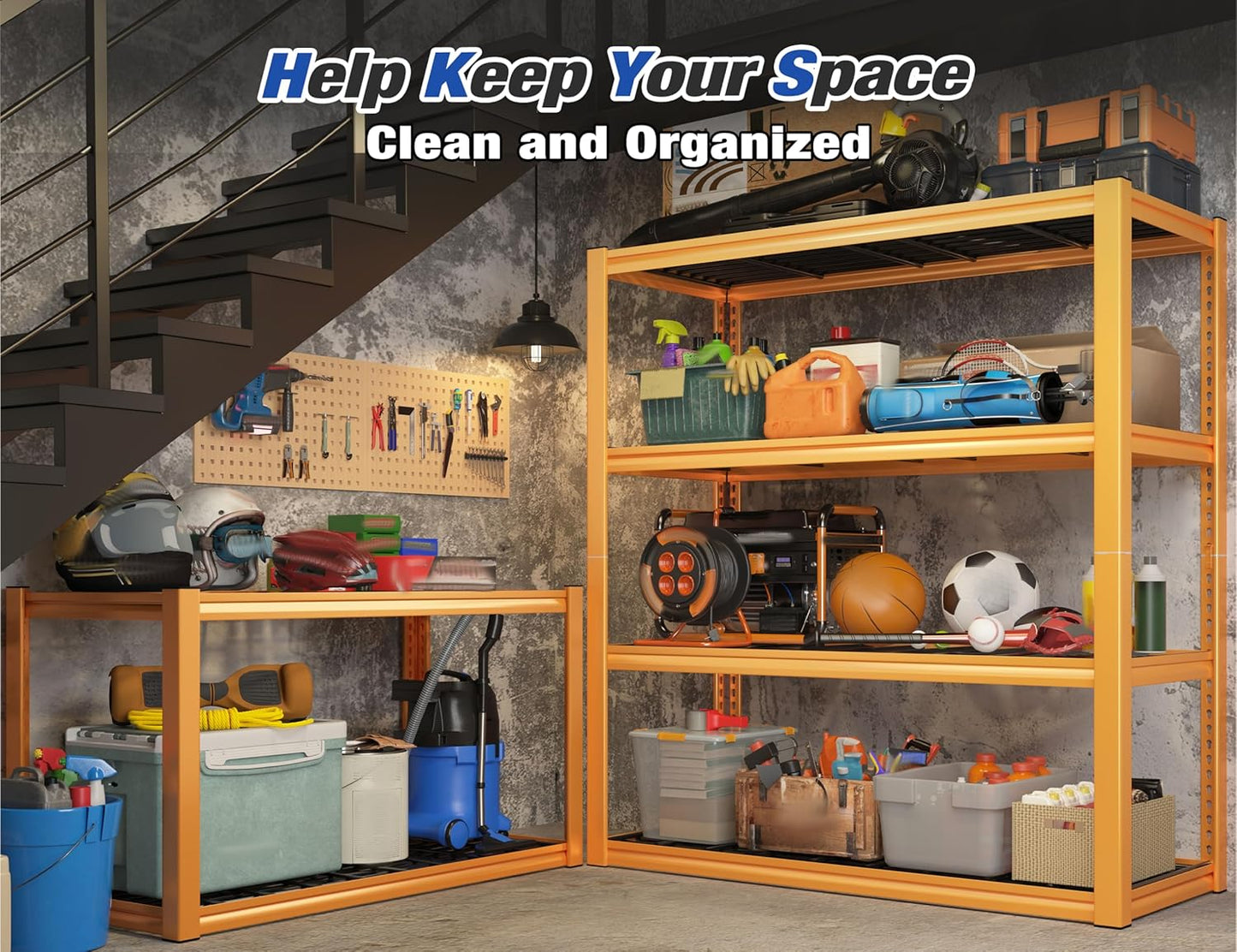 REIBII 40" W Garage Shelving Heavy Duty Metal Shelving 2200LBS Storage Shelves 4 Tier Garage Shelves Adjustable Metal Shelf for Warehouse Basement Pantry Kitchen, Orange, 2 Pack