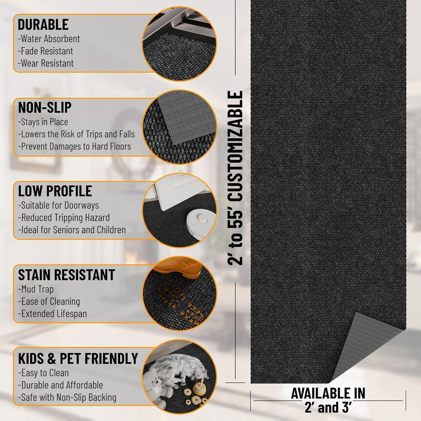 Ottomanson 2' x 25' Hallway Runner with Scraper Pile Extra Durable Non-Slip Rug Mat for Indoor & Outdoor Use - Ideal for Kitchen, Entryway, Patio & Garage - High-Traffic Carpet, Black