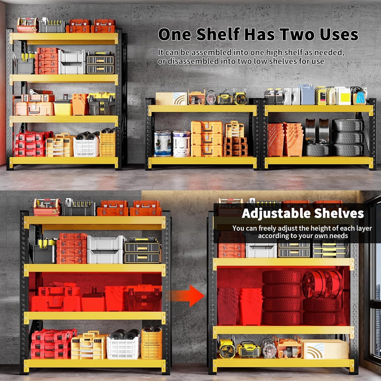 5000LBS Heavy Duty Garage Shelving 59" W Garage Storage Shelves 4-Tier Metal Garage Shelving Adjustable Shelf Unit Storage Rack for Basement Supermarket Warehouse 59" W x 24" D x 78" H Yellow