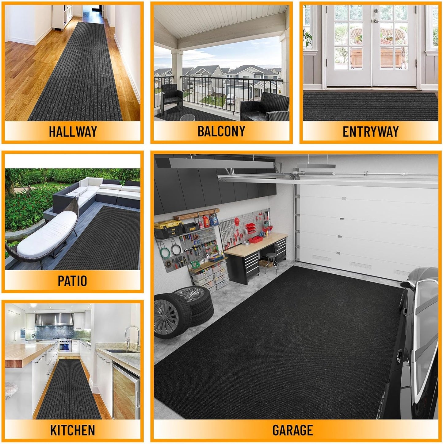 Ottomanson 2' x 18' Hallway Runner with Scraper Pile Extra Durable Non-Slip Rug Mat for Indoor & Outdoor Use - Ideal for Kitchen, Entryway, Patio & Garage - High-Traffic Carpet, Black