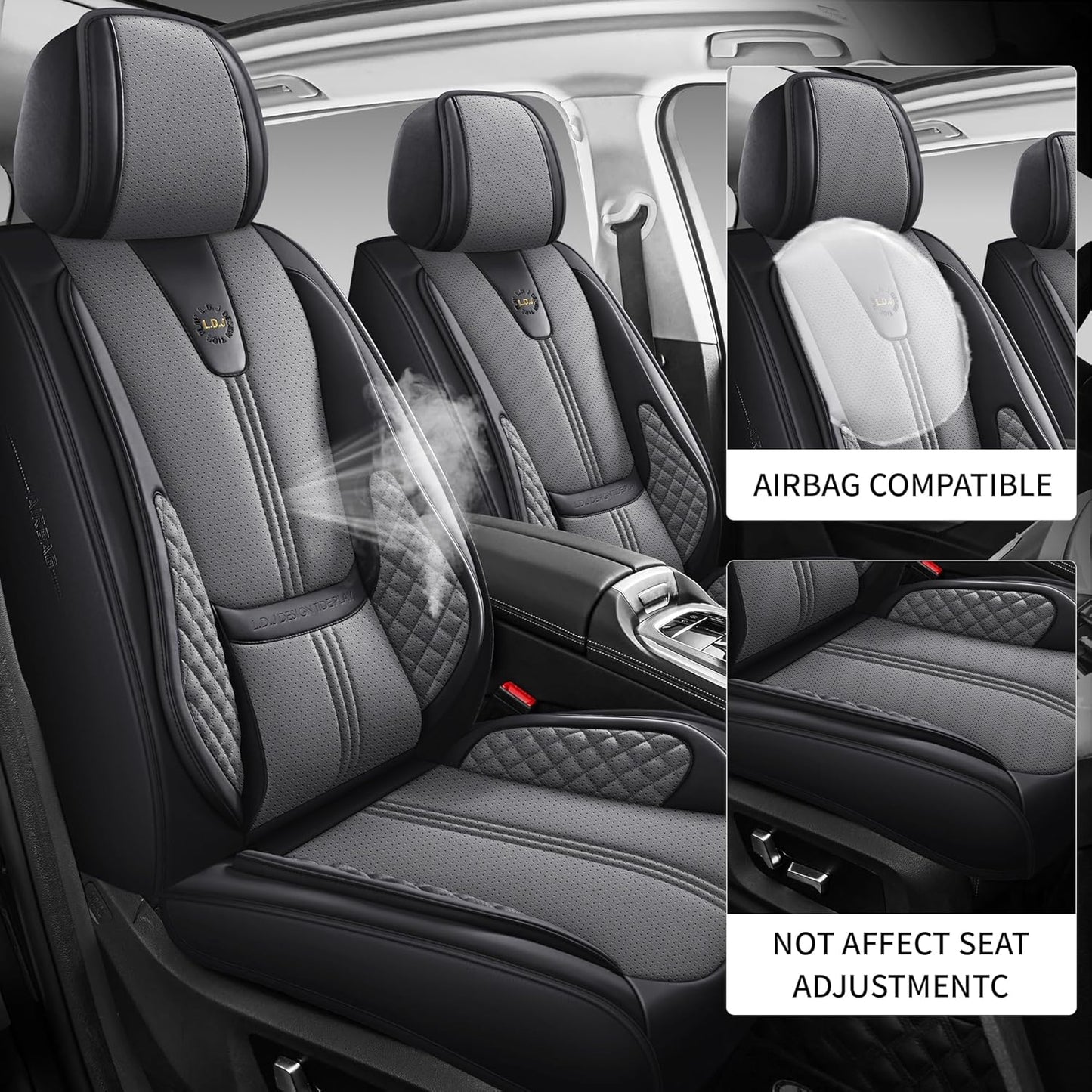Car Seat Covers Full Set, Black Seat Cover for Cars Compatible Airbag, Easy Install Luxury Leather Automotive Seat Covers with Lumbar Support, for Car, Truck, SUV, Grey