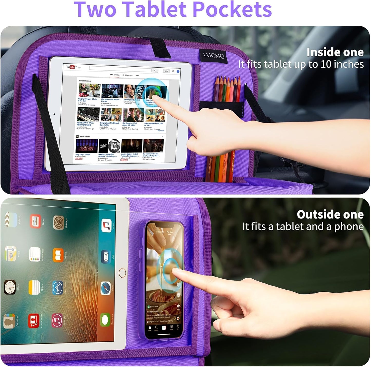 LUCMO Car Backseat Organizer with Tablet Holder,6 Storage Pockets Car Storage Organizer with Foldable Food Tray,Seat Protectors Kick Mats Travel Accessories-Dark Purple