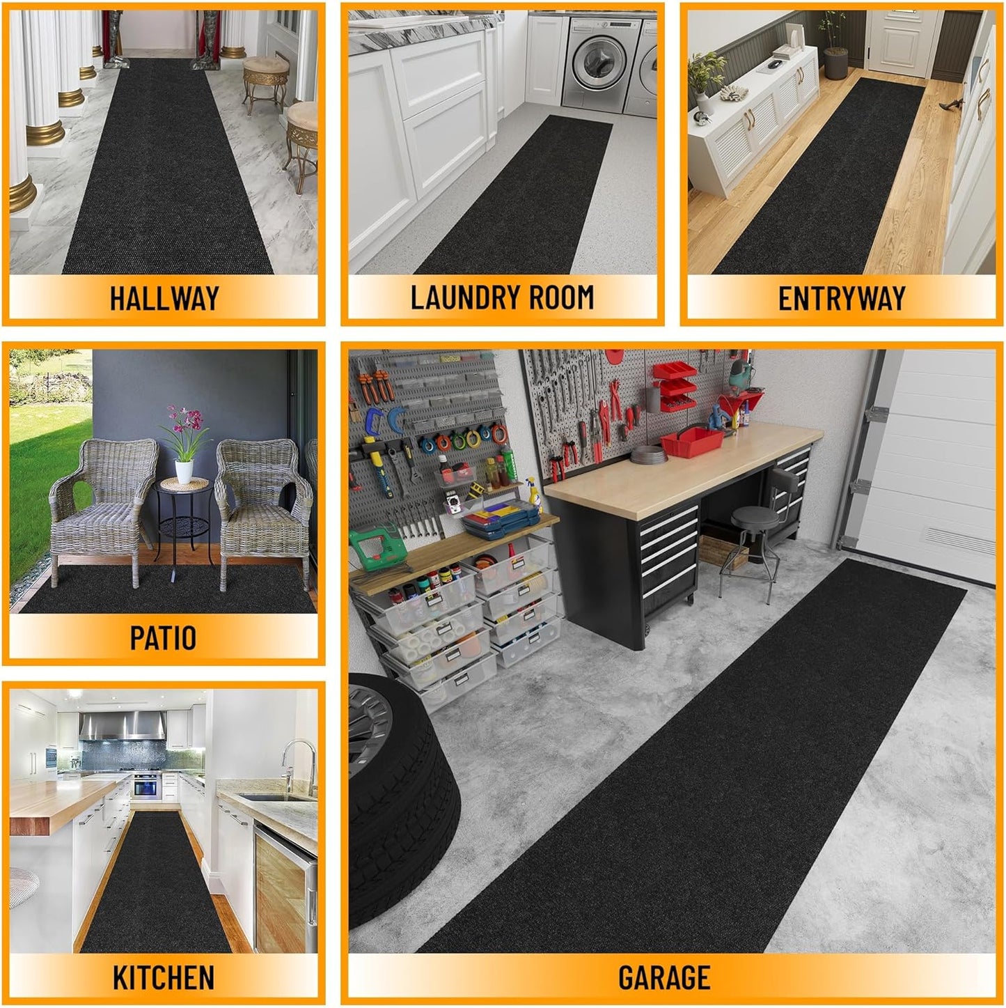 Ottomanson 2' x 30' Hallway Runner with Scraper Pile Extra Durable Non-Slip Rug Mat for Indoor & Outdoor Use - Ideal for Kitchen, Entryway, Patio & Garage - High-Traffic Carpet, Black