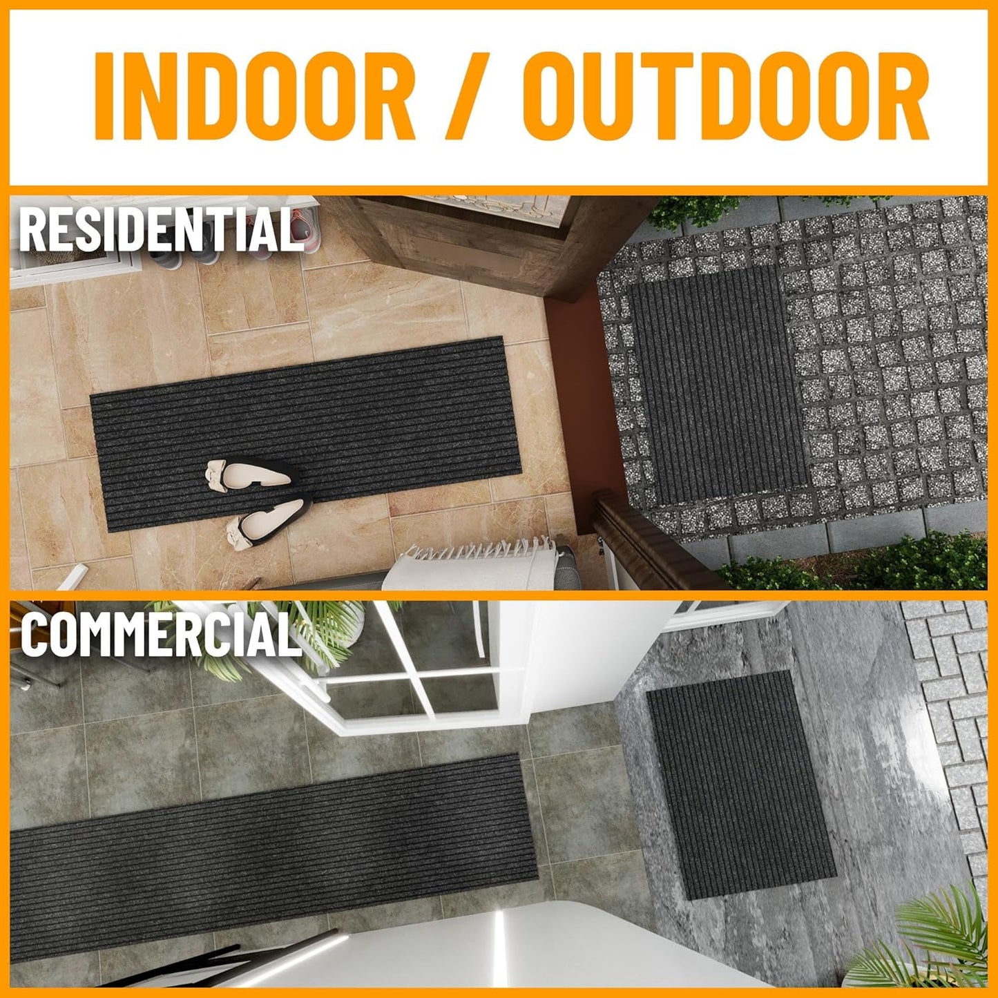 Ottomanson 2' x 20' Hallway Runner with Scraper Pile Extra Durable Non-Slip Rug Mat for Indoor & Outdoor Use - Ideal for Kitchen, Entryway, Patio & Garage - High-Traffic Carpet, Black